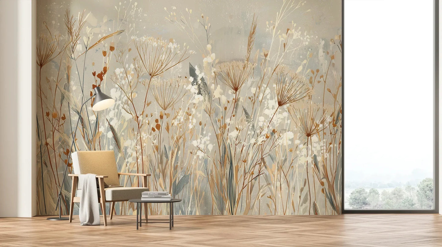 Wzór fototapety SILK MEADOWS - tapeta z delikatnymi trawami w kremowej tonacji pokazanej w aranżacji salonu.