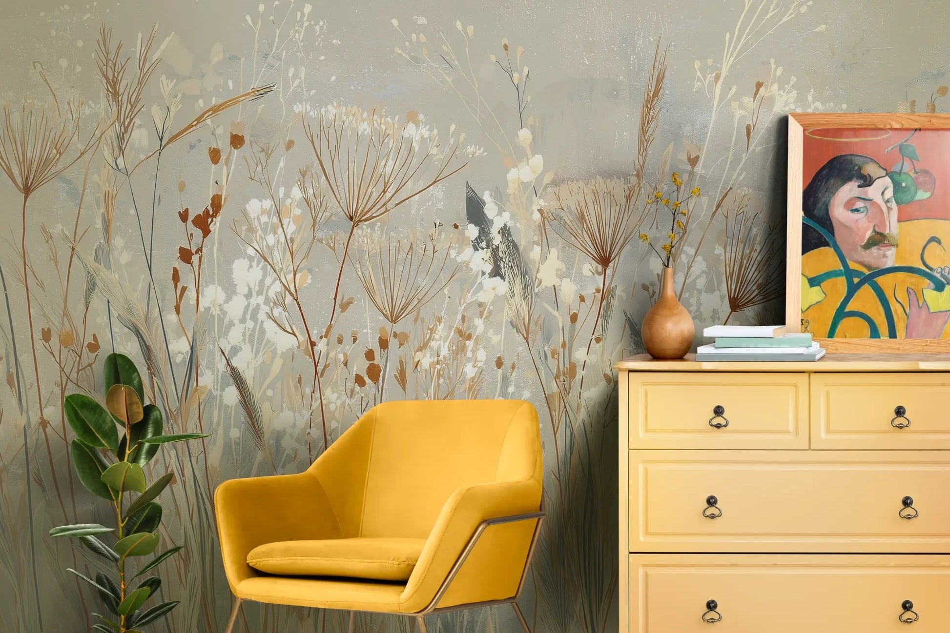 Wzór fototapety SILK MEADOWS - tapeta z delikatnymi trawami w kremowej tonacji pokazanej w aranżacji salonu.