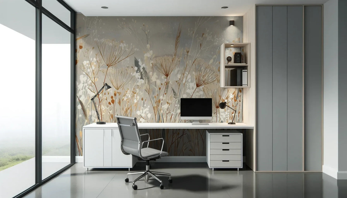 Fototapeta SILK MEADOWS - tapeta z delikatnymi trawami w kremowej tonacji pokazana w aranżacji biura.