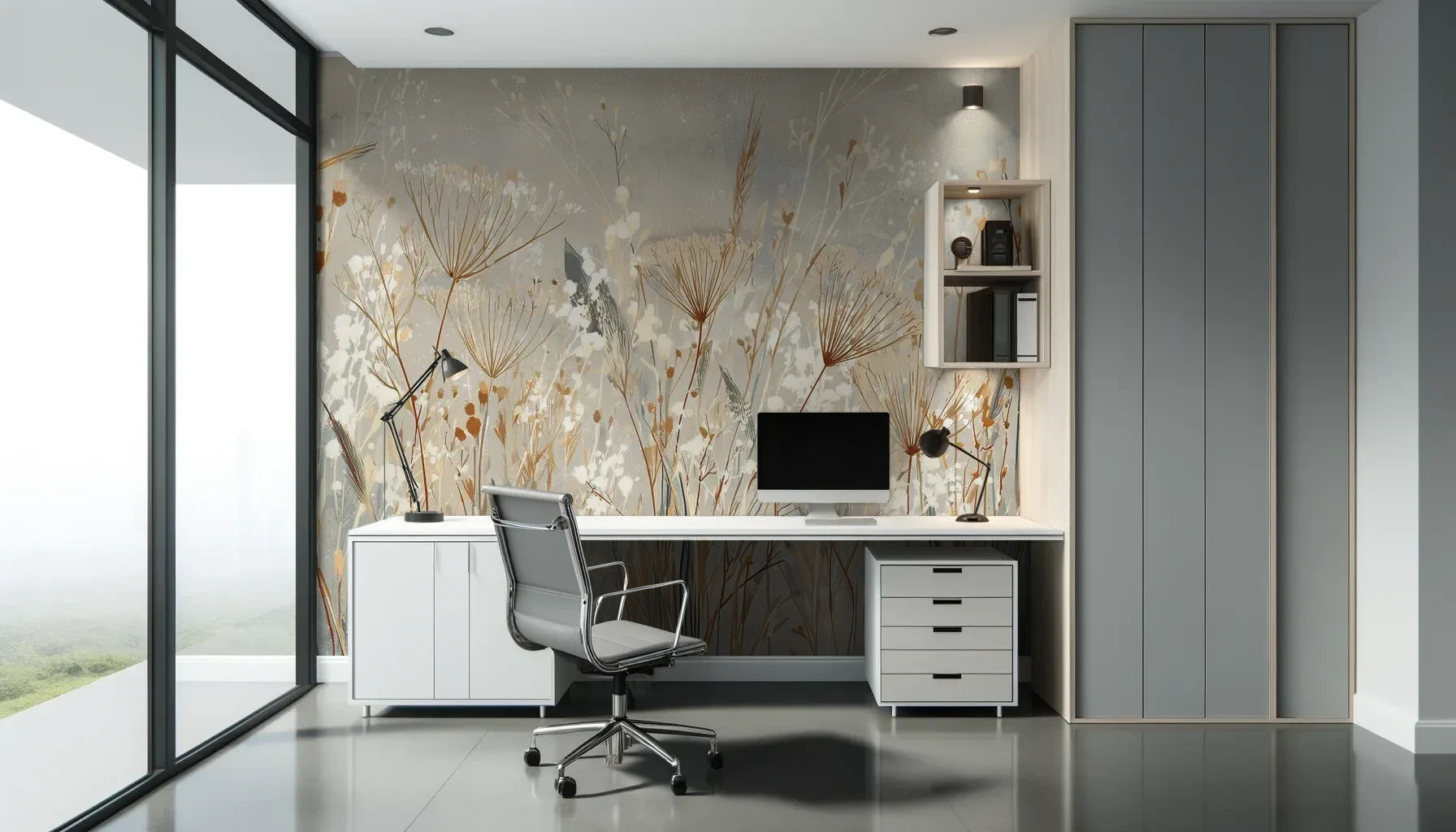 Fototapeta SILK MEADOWS - tapeta z delikatnymi trawami w kremowej tonacji pokazana w aranżacji biura.