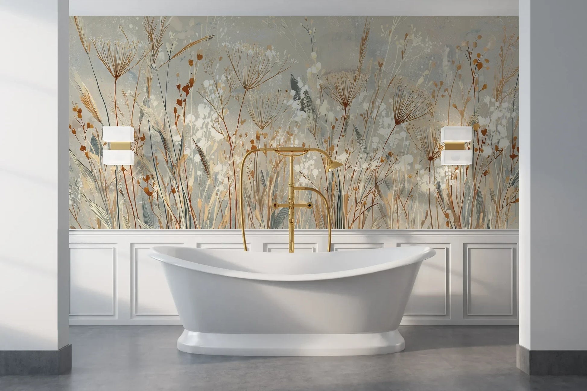 Wzór fototapety SILK MEADOWS - tapeta z delikatnymi trawami w kremowej tonacji pokazanej w aranżacji łazienki.