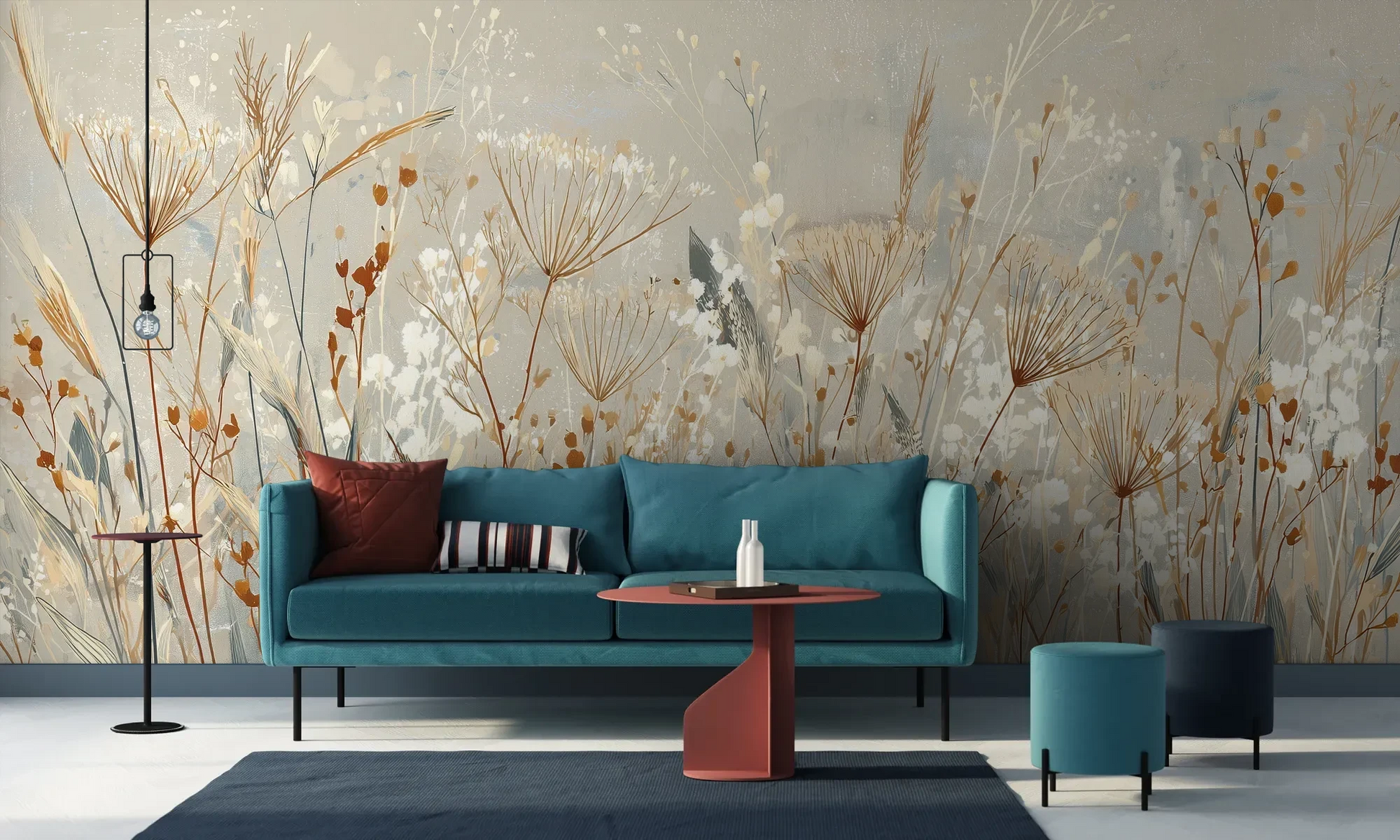 Wzór fototapety SILK MEADOWS - tapeta z delikatnymi trawami w kremowej tonacji pokazanej w aranżacji salonu.