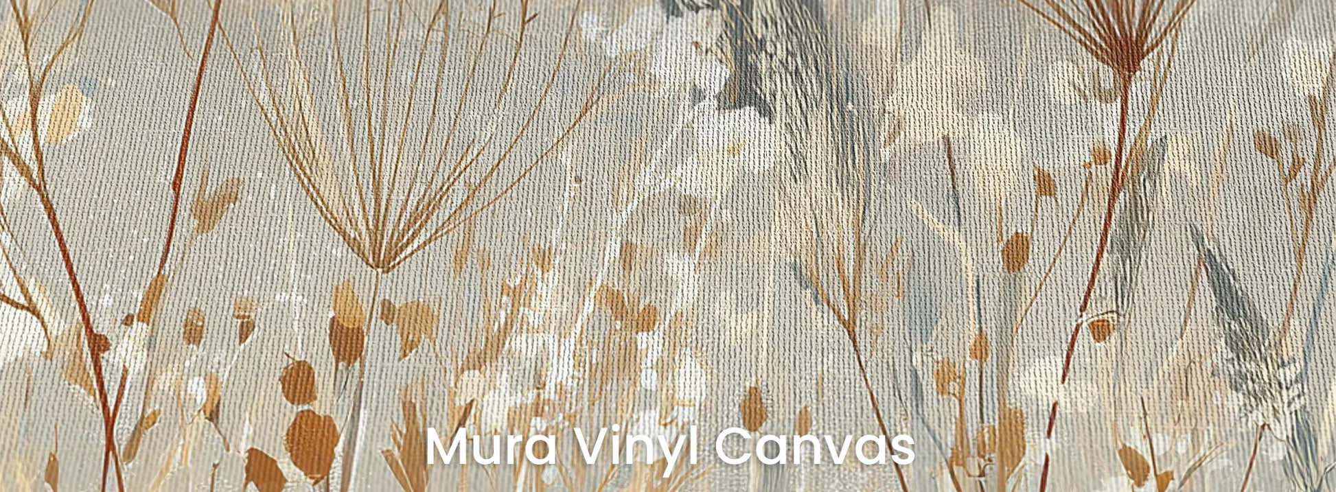 Zbliżenie na fototapetę SILK MEADOWS - tapeta z delikatnymi trawami w kremowej tonacji na podłożu o fakturze płótna.