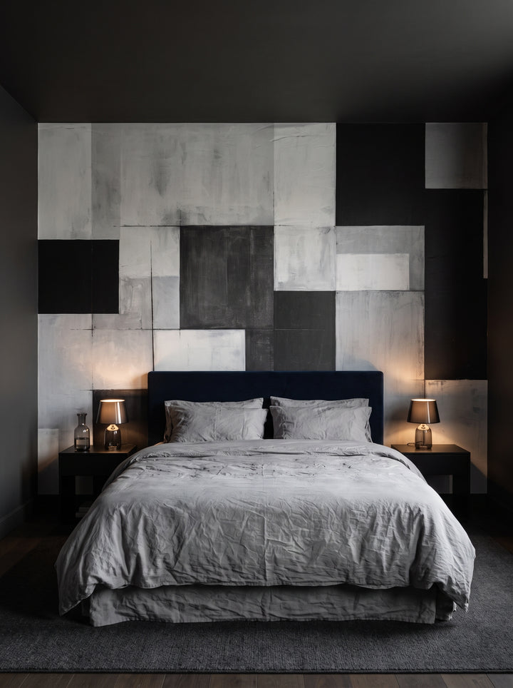 Fototapeta artystyczna o nazwie Abstract Squares w aranżacji wnętrza: ciemna, otulająca sypialnia w hotelu projektanckim.