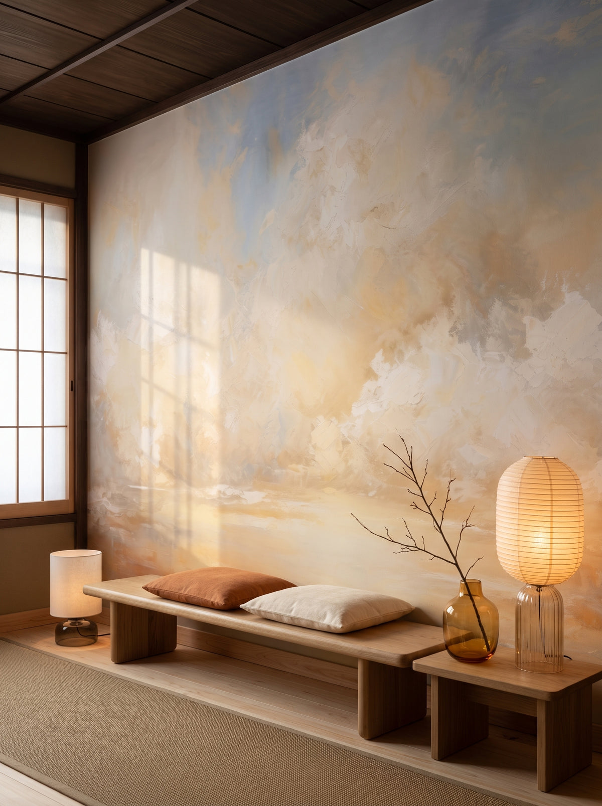Künstlerische Fototapete „GOLDEN HORIZON AWE“ im Interieur: Hallen-Lounge in einem Boutique-Hotel in Kyoto.