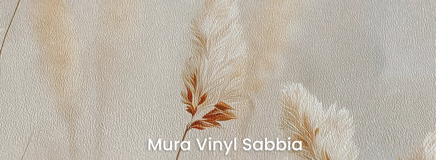 Zbliżenie na fototapetę WINDSWEPT POETRY - tapeta z delikatnymi źdźbłami traw w kremowej tonacji na podłożu o strukturze ziarna piasku.