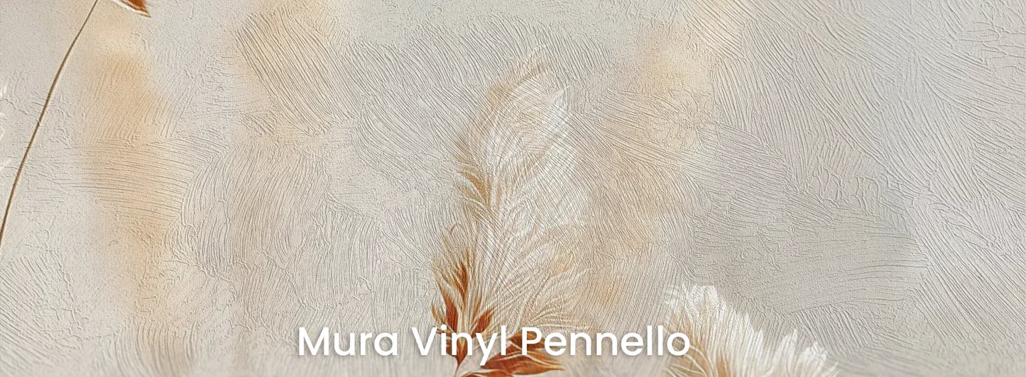 Zbliżenie na fototapetę WINDSWEPT POETRY - tapeta z delikatnymi źdźbłami traw w kremowej tonacji na podłożu o fakturze pociągnięć pędzla.