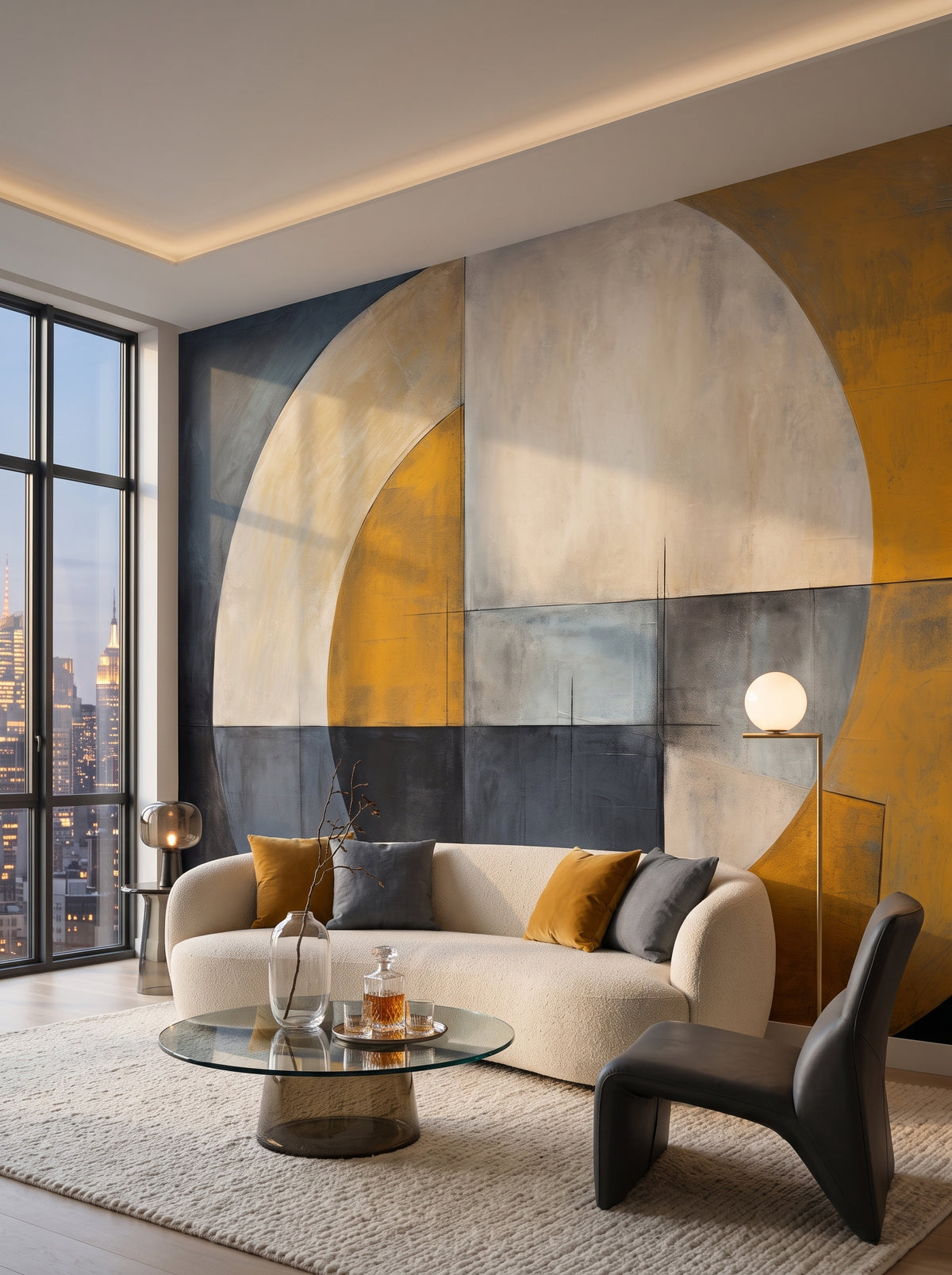 Carta da parati artistica «Golden Geometry» in un interno: soggiorno in un attico a Manhattan al crepuscolo.