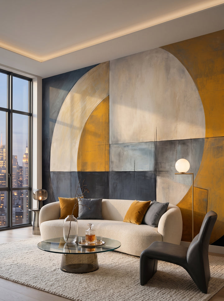 Fototapeta artystyczna o nazwie Golden Geometry w aranżacji wnętrza: salon w penthousie na Manhattanie o zmierzchu.