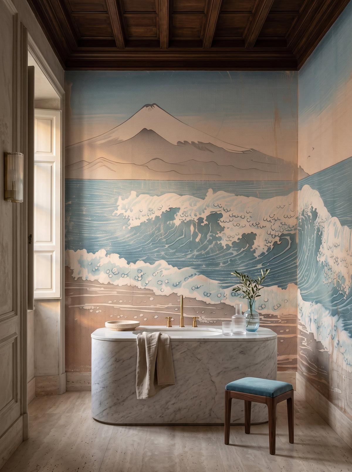 Fototapeta artystyczna o nazwie HOKUSAI SERENITY w aranżacji wnętrza: łazienka w rzymskim palazzo.