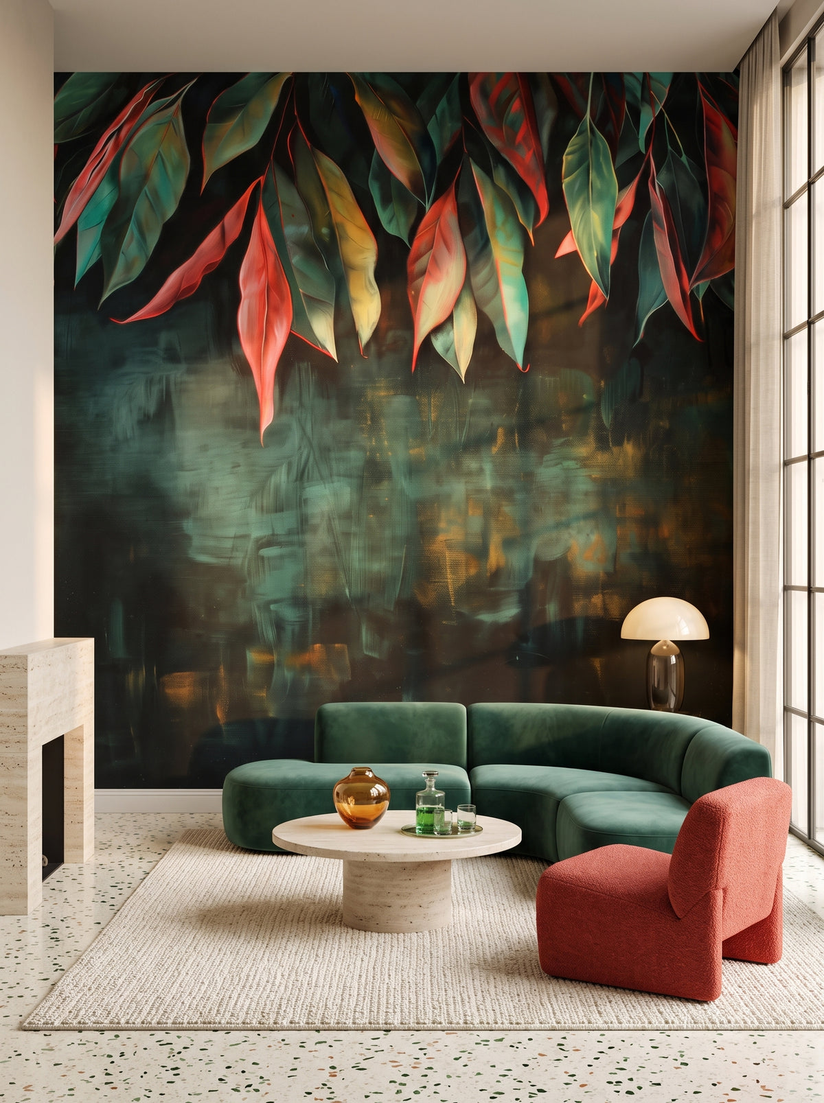 Fototapeta artystyczna o nazwie Autumn Whisper w aranżacji wnętrza: salon w mediolańskim apartamencie z lat 70..