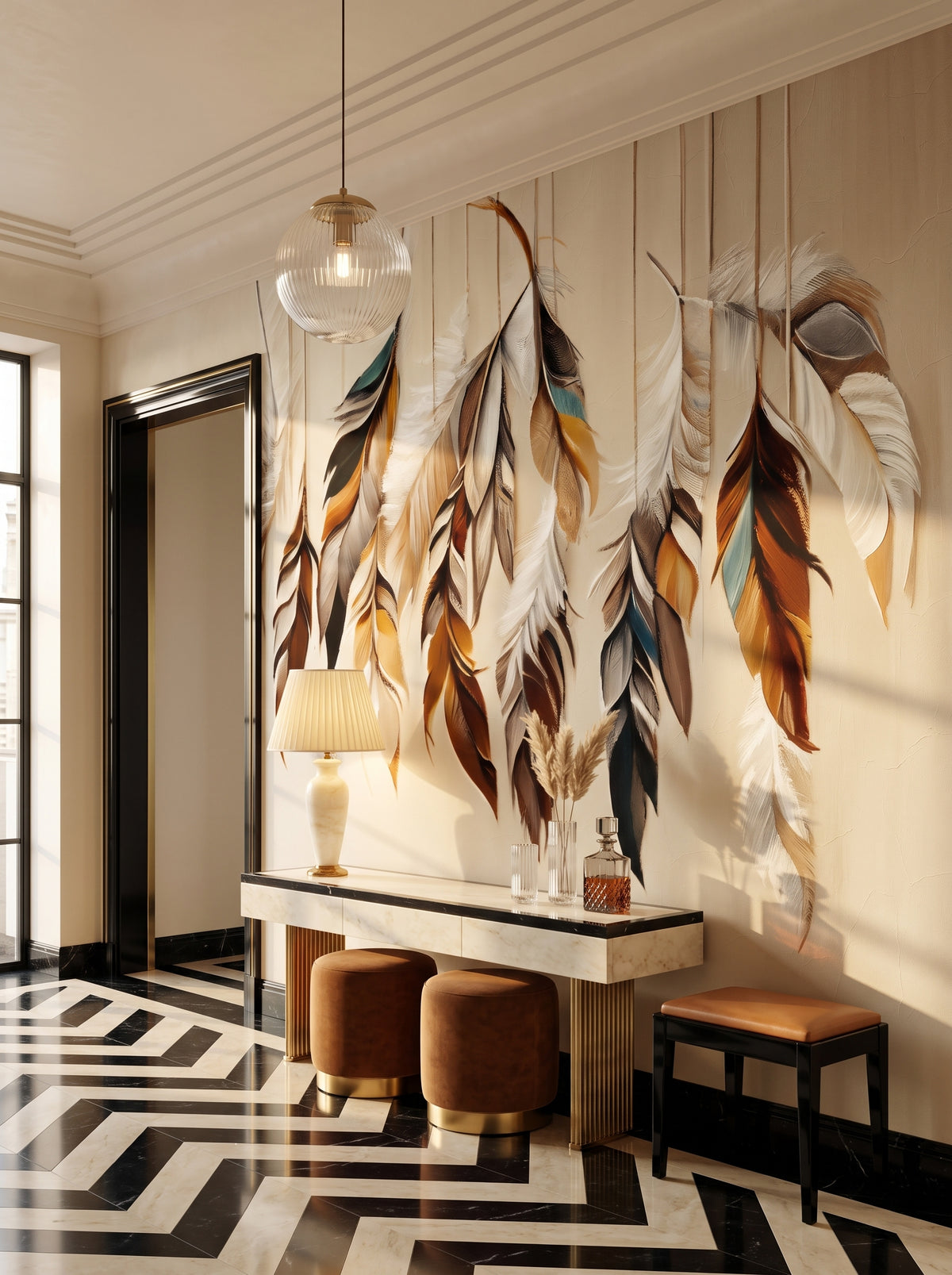 Fototapeta artystyczna o nazwie Twilight Flight w aranżacji wnętrza: galeria wejściowa w apartamencie art déco.