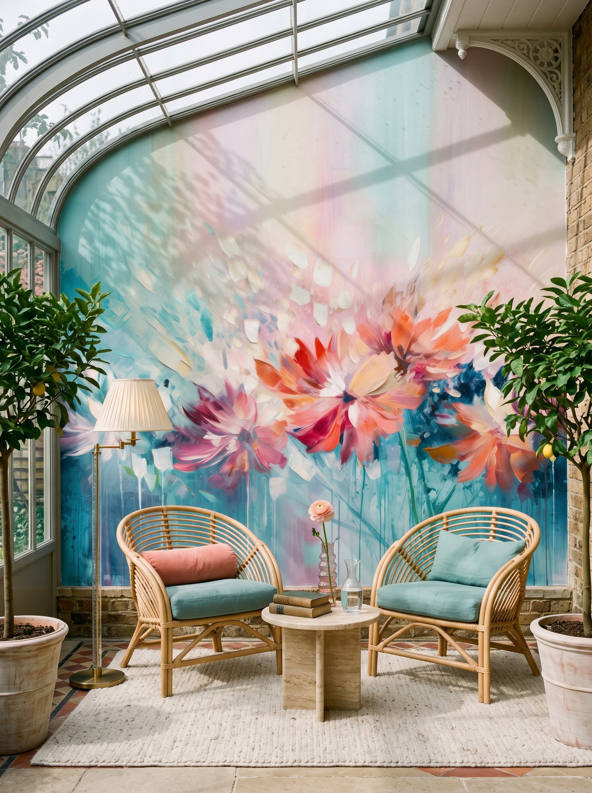Fototapeta artystyczna o nazwie Floral Watercolor Fantasy w aranżacji wnętrza: czytelnia w wiktoriańskiej oranżerii.