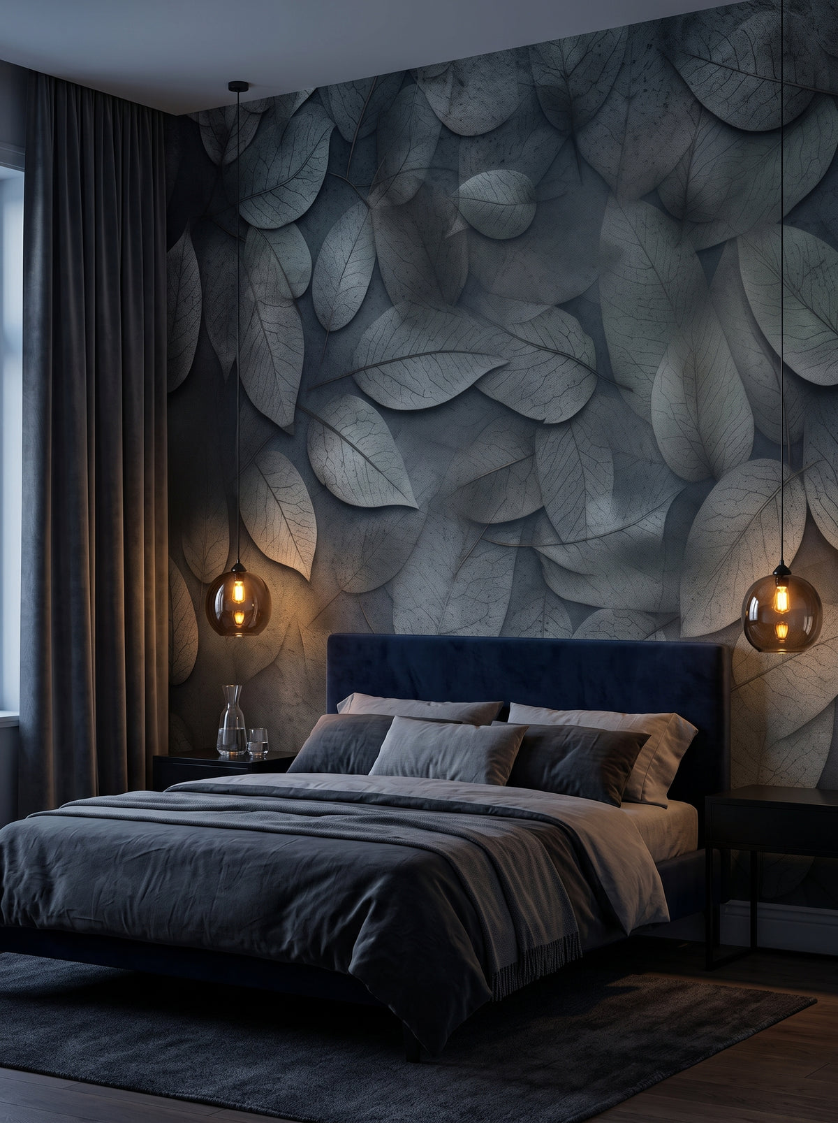 Fototapeta artystyczna o nazwie Whispering Leaves #3 w aranżacji wnętrza: sypialnia nocna, hotelowy noir.