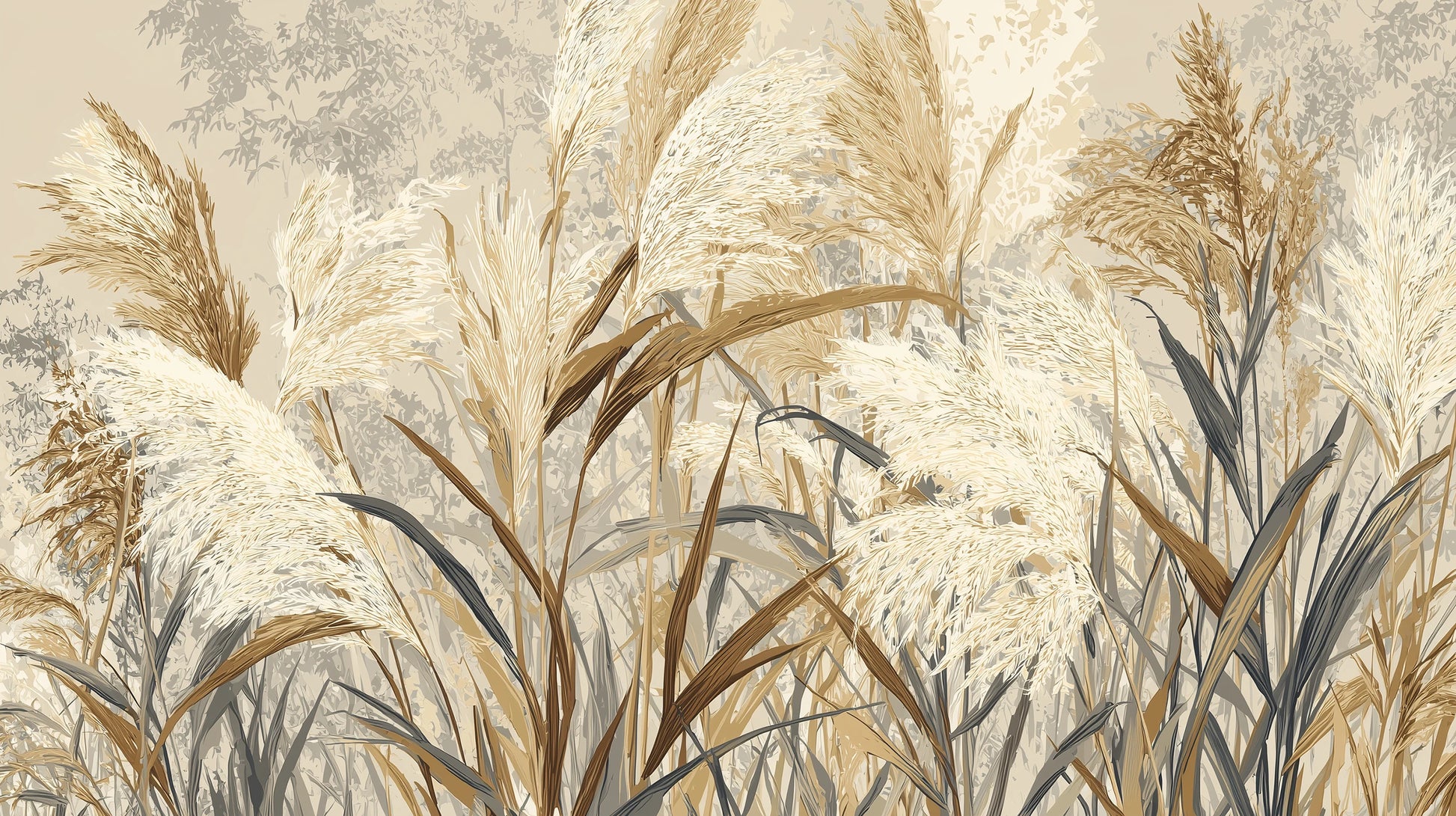 Prezentacja całego wzoru fototapety o nazwie HARVEST BREEZE - tapeta z jesiennymi trawami pampasowymi