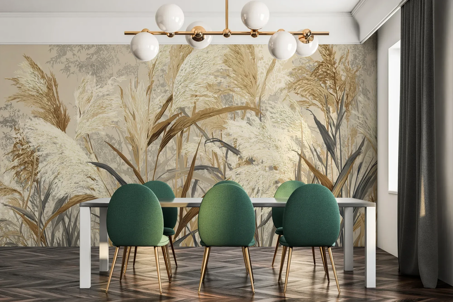 Fototapeta HARVEST BREEZE - tapeta z jesiennymi trawami pampasowymi pokazana w aranżacji jadalni.