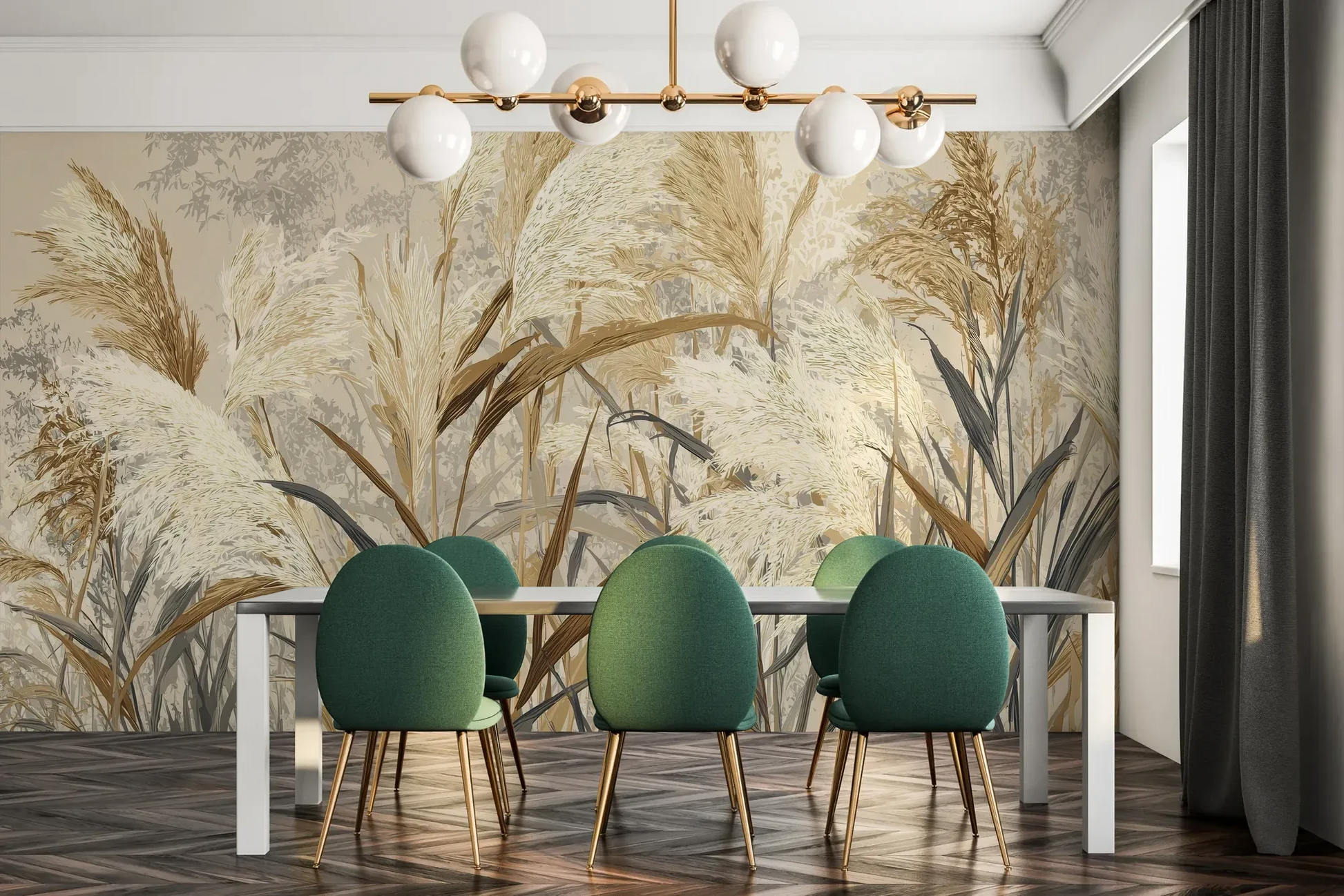 Fototapeta HARVEST BREEZE - tapeta z jesiennymi trawami pampasowymi pokazana w aranżacji jadalni.