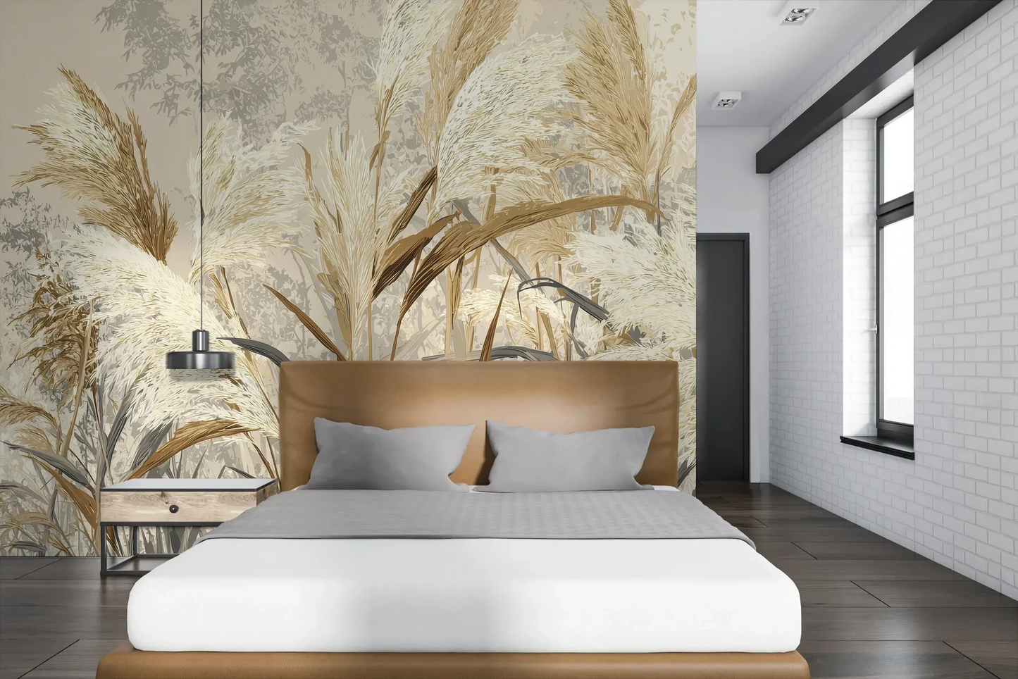Wzór fototapety HARVEST BREEZE - tapeta z jesiennymi trawami pampasowymi pokazanej w aranżacji sypialni.