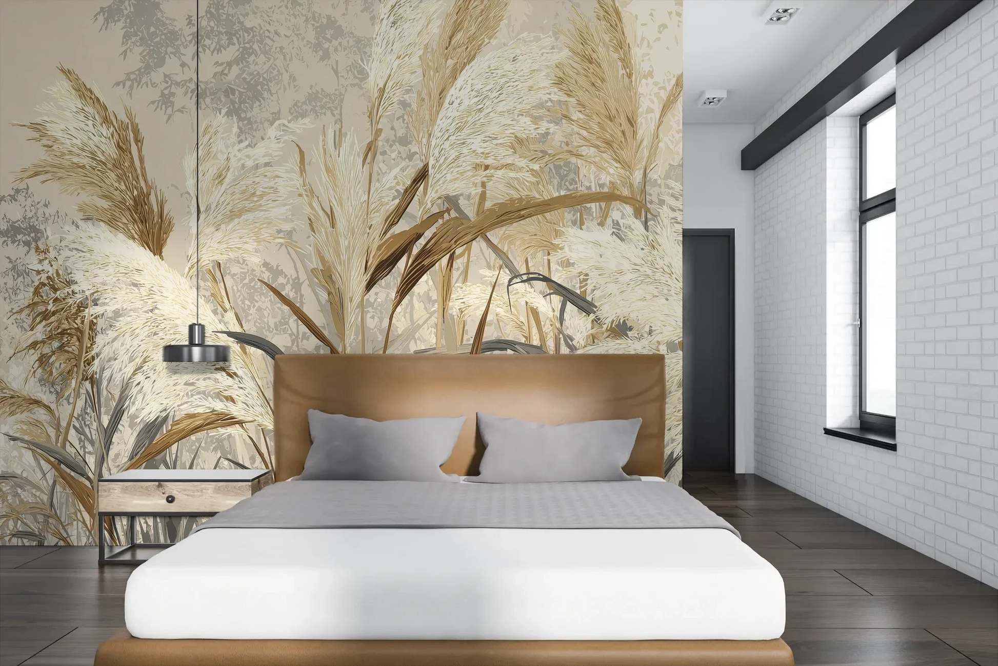 Wzór fototapety HARVEST BREEZE - tapeta z jesiennymi trawami pampasowymi pokazanej w aranżacji sypialni.