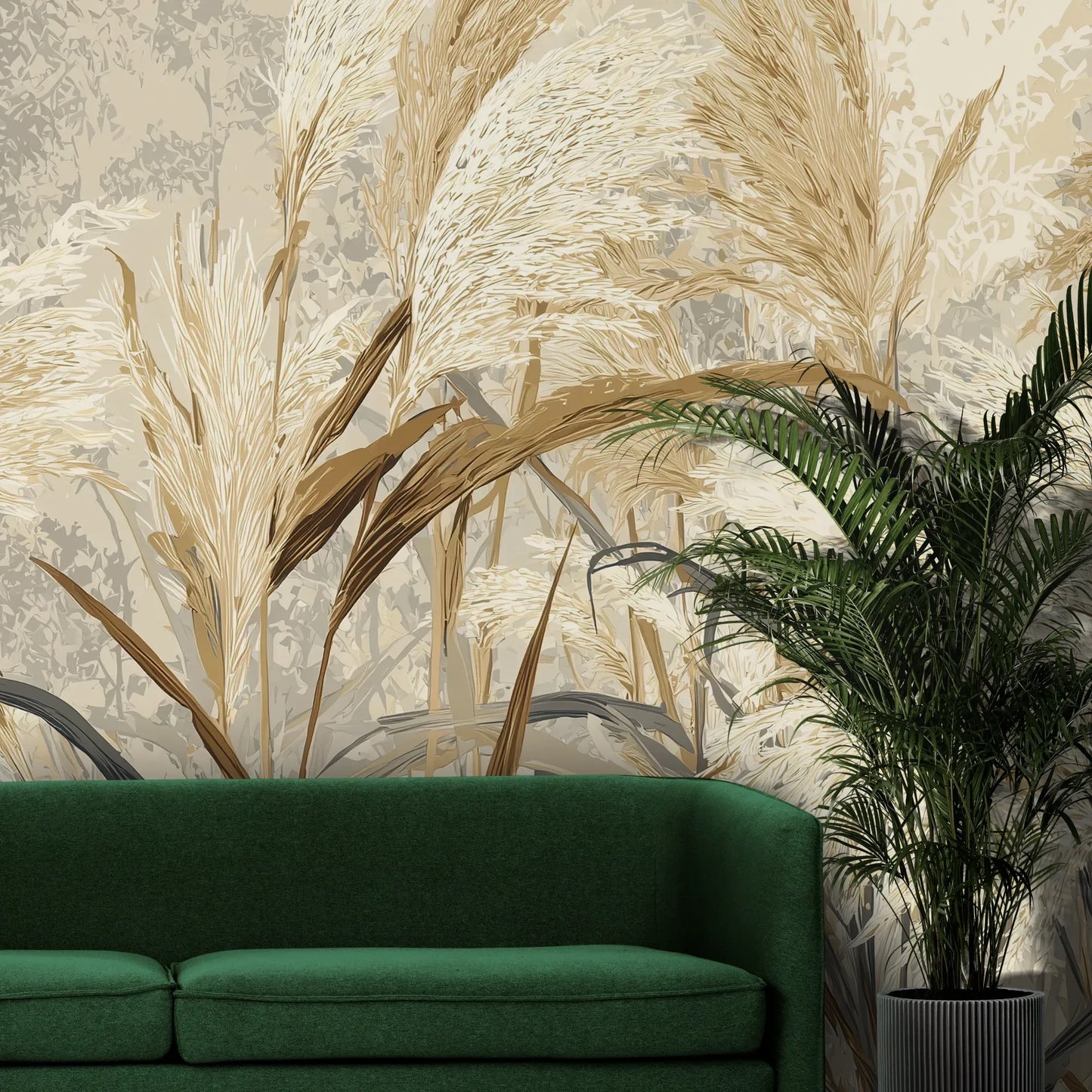 Fototapeta HARVEST BREEZE - tapeta z jesiennymi trawami pampasowymi pokazana w aranżacji wnętrza z akcentem na ścianie.