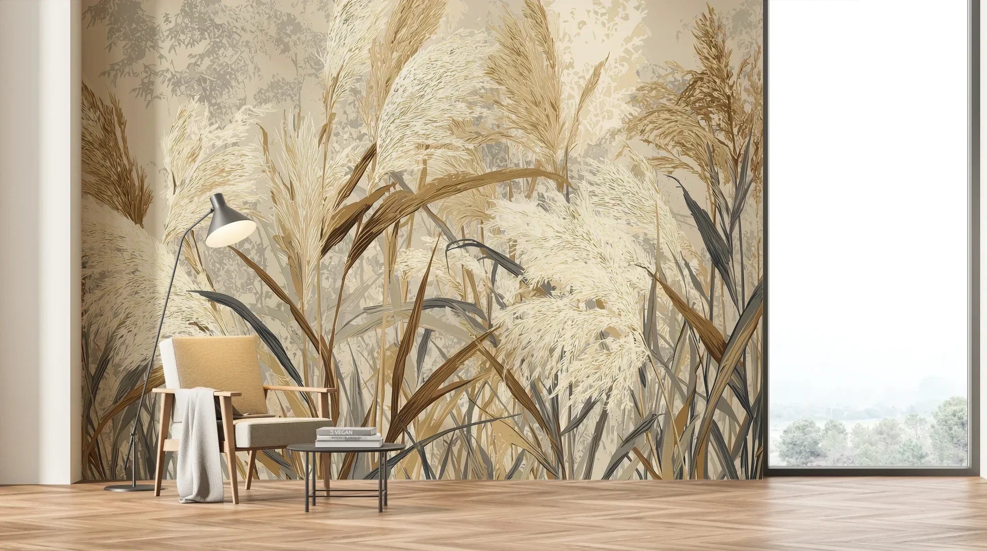 Wzór fototapety HARVEST BREEZE - tapeta z jesiennymi trawami pampasowymi pokazanej w aranżacji salonu.