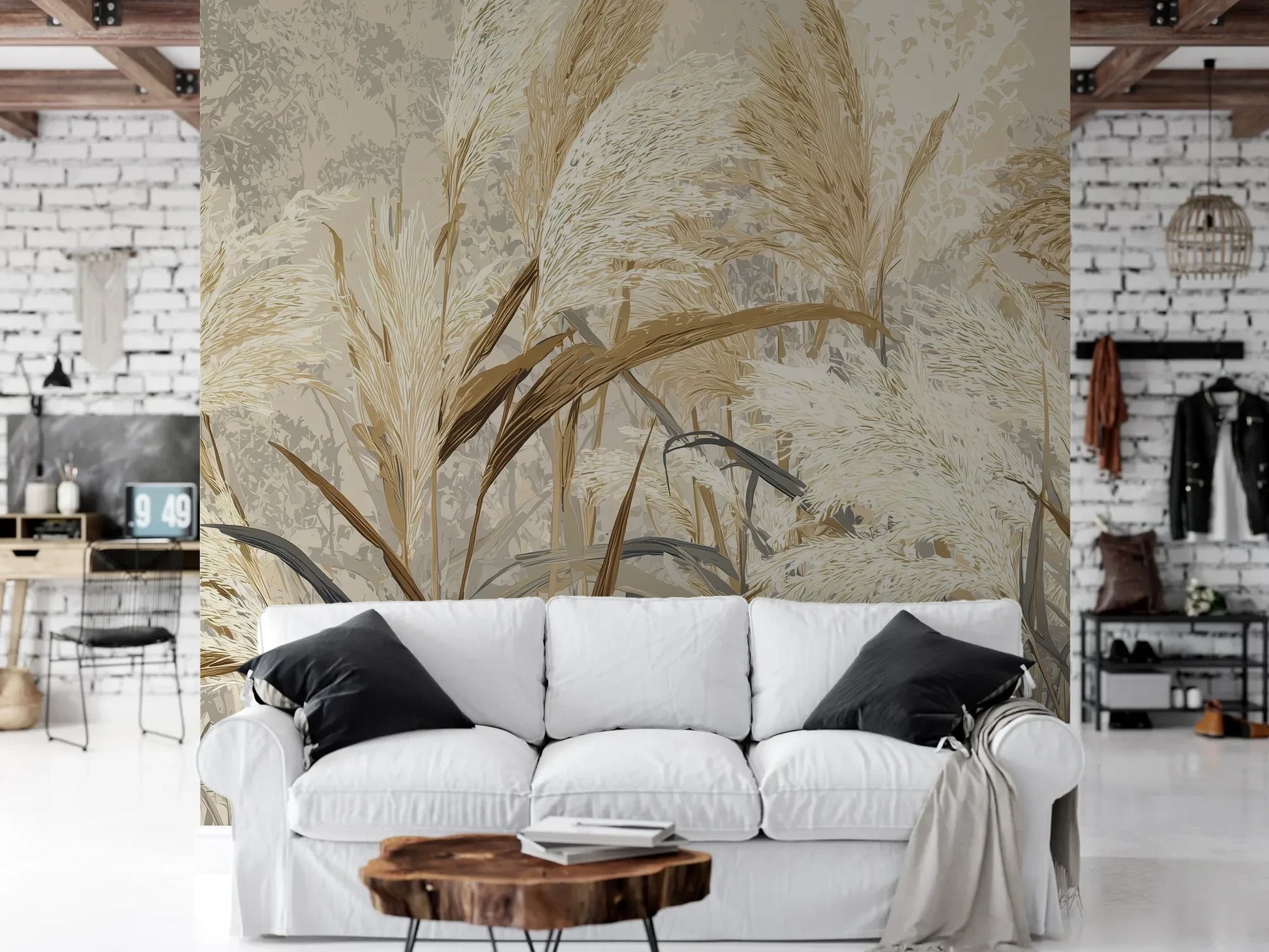 Wzór fototapety HARVEST BREEZE - tapeta z jesiennymi trawami pampasowymi pokazanej w aranżacji salonu.