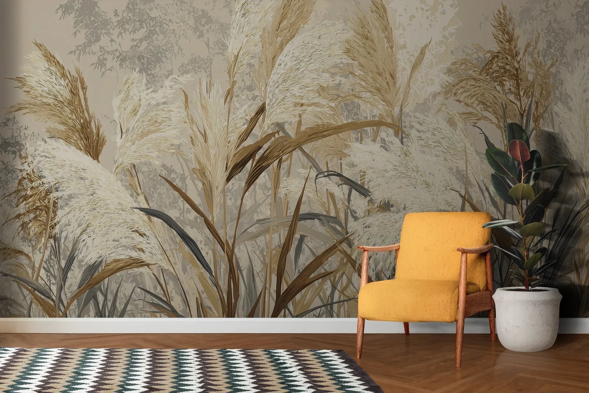 Wzór fototapety HARVEST BREEZE - tapeta z jesiennymi trawami pampasowymi pokazanej w aranżacji salonu.