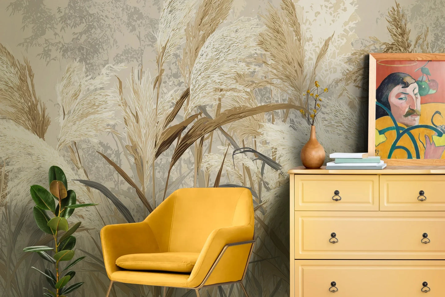 Wzór fototapety HARVEST BREEZE - tapeta z jesiennymi trawami pampasowymi pokazanej w aranżacji salonu.