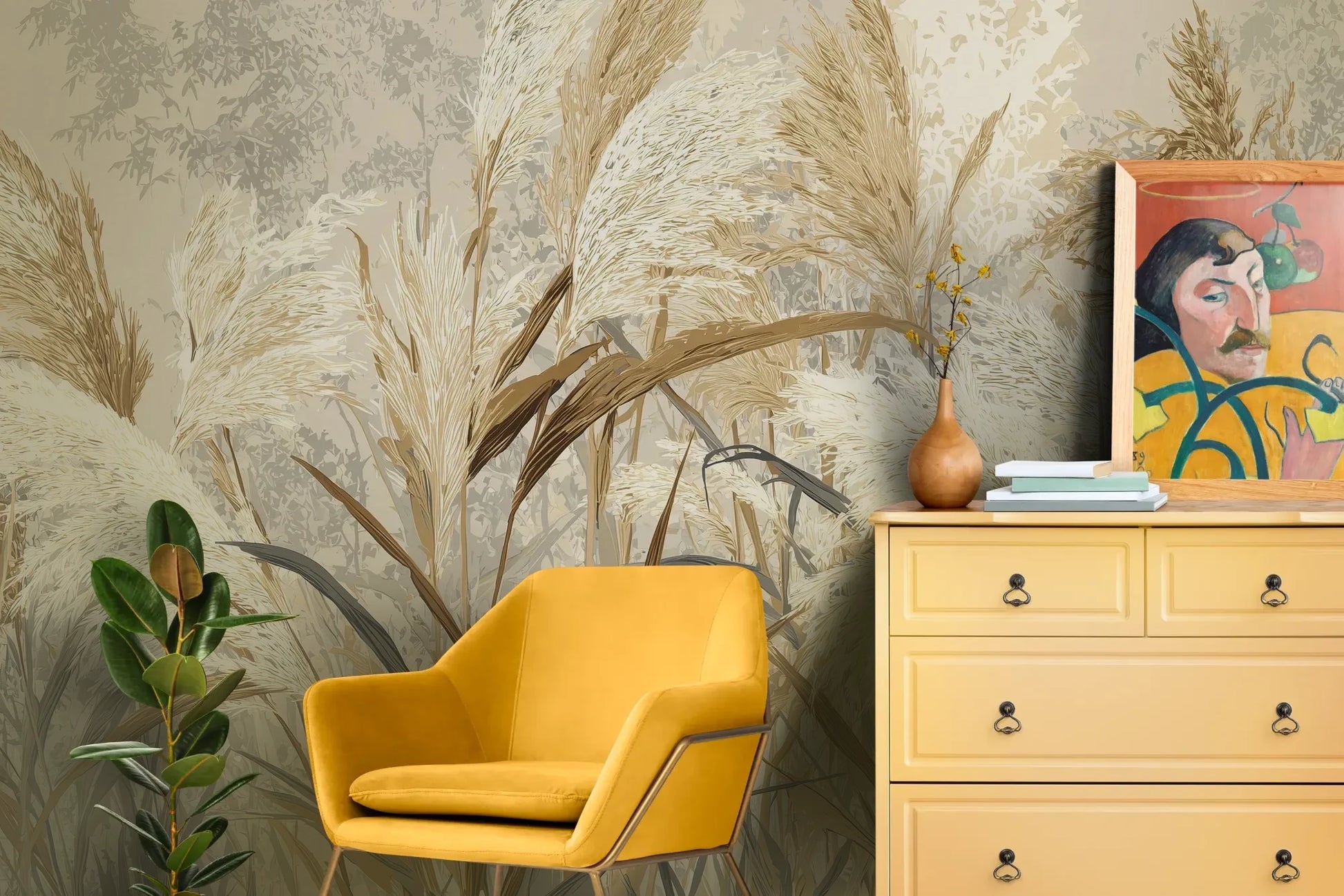 Wzór fototapety HARVEST BREEZE - tapeta z jesiennymi trawami pampasowymi pokazanej w aranżacji salonu.