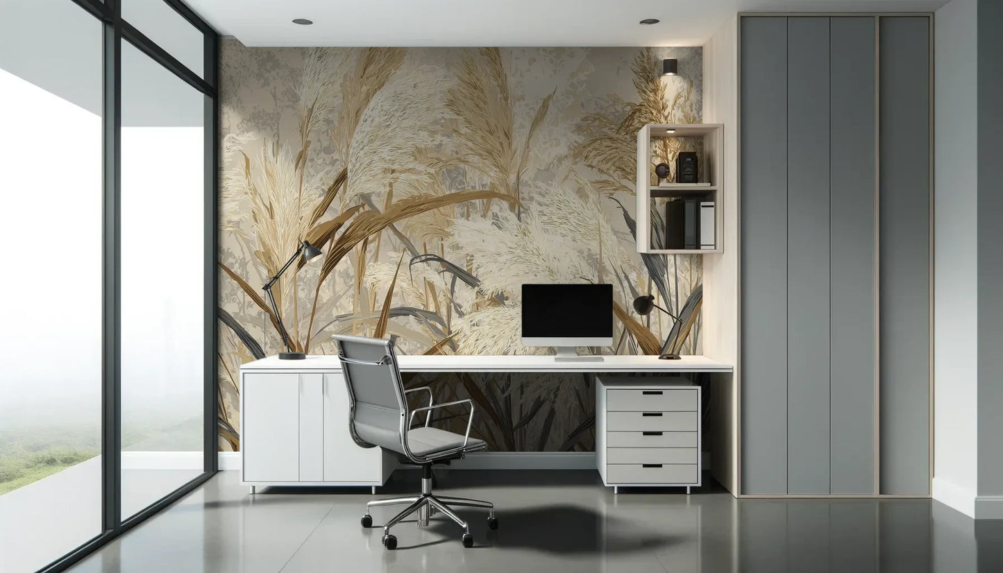 Fototapeta HARVEST BREEZE - tapeta z jesiennymi trawami pampasowymi pokazana w aranżacji biura.