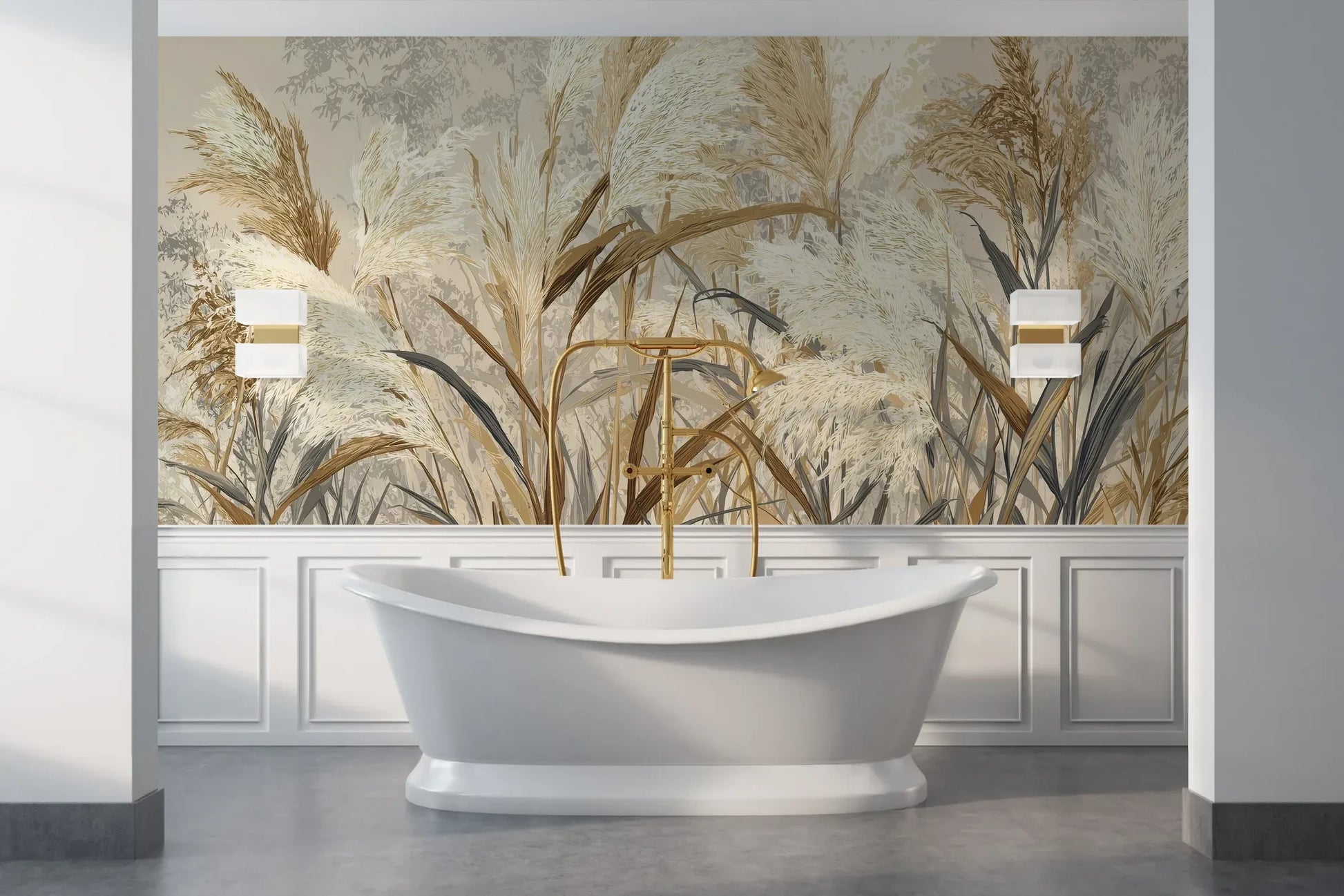 Wzór fototapety HARVEST BREEZE - tapeta z jesiennymi trawami pampasowymi pokazanej w aranżacji łazienki.