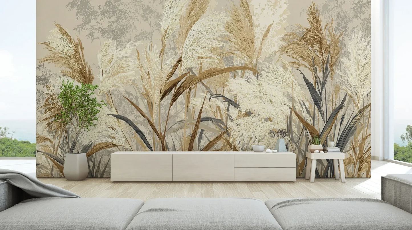 Wzór fototapety HARVEST BREEZE - tapeta z jesiennymi trawami pampasowymi pokazanej w aranżacji salonu.