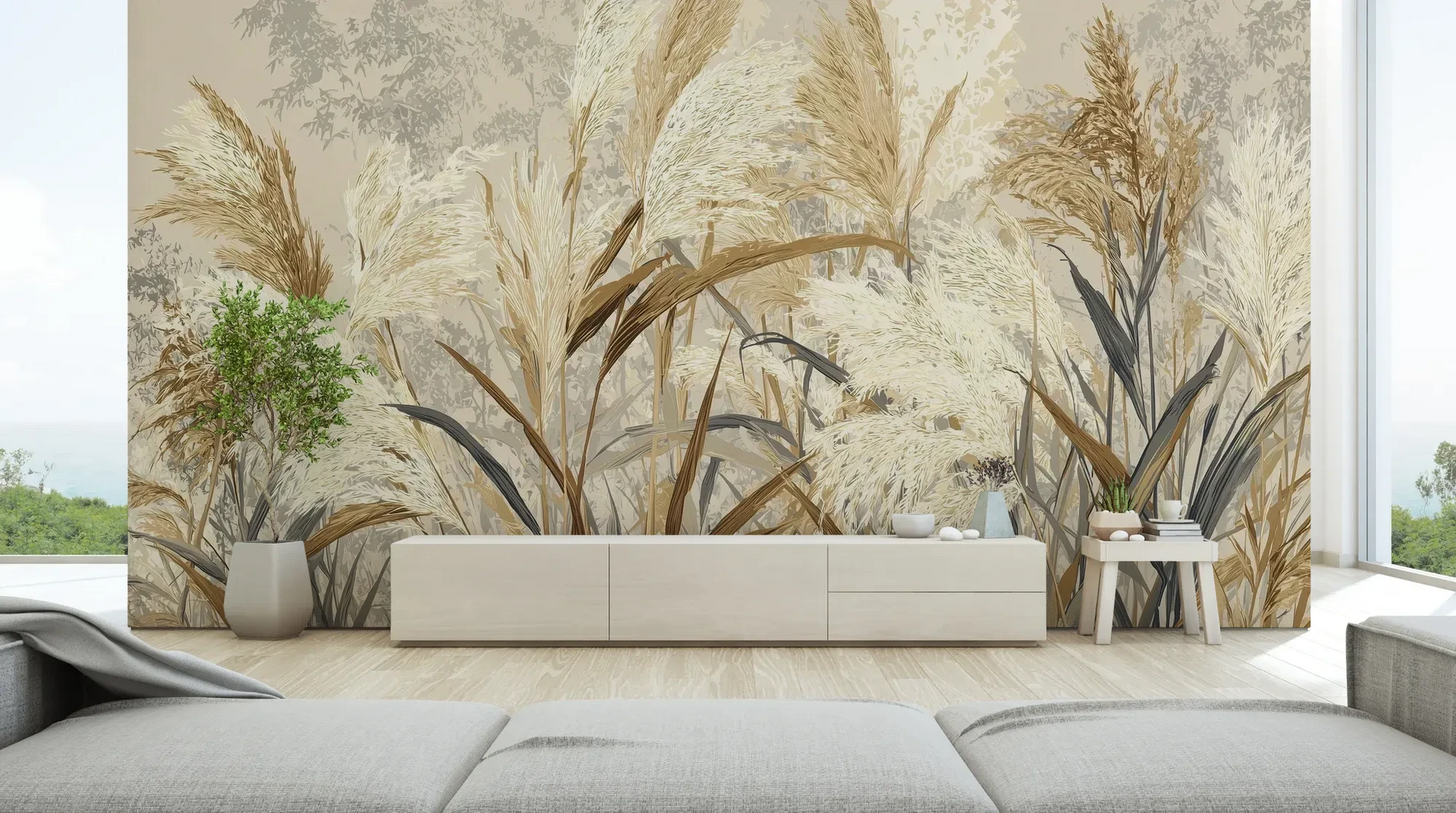 Wzór fototapety HARVEST BREEZE - tapeta z jesiennymi trawami pampasowymi pokazanej w aranżacji salonu.