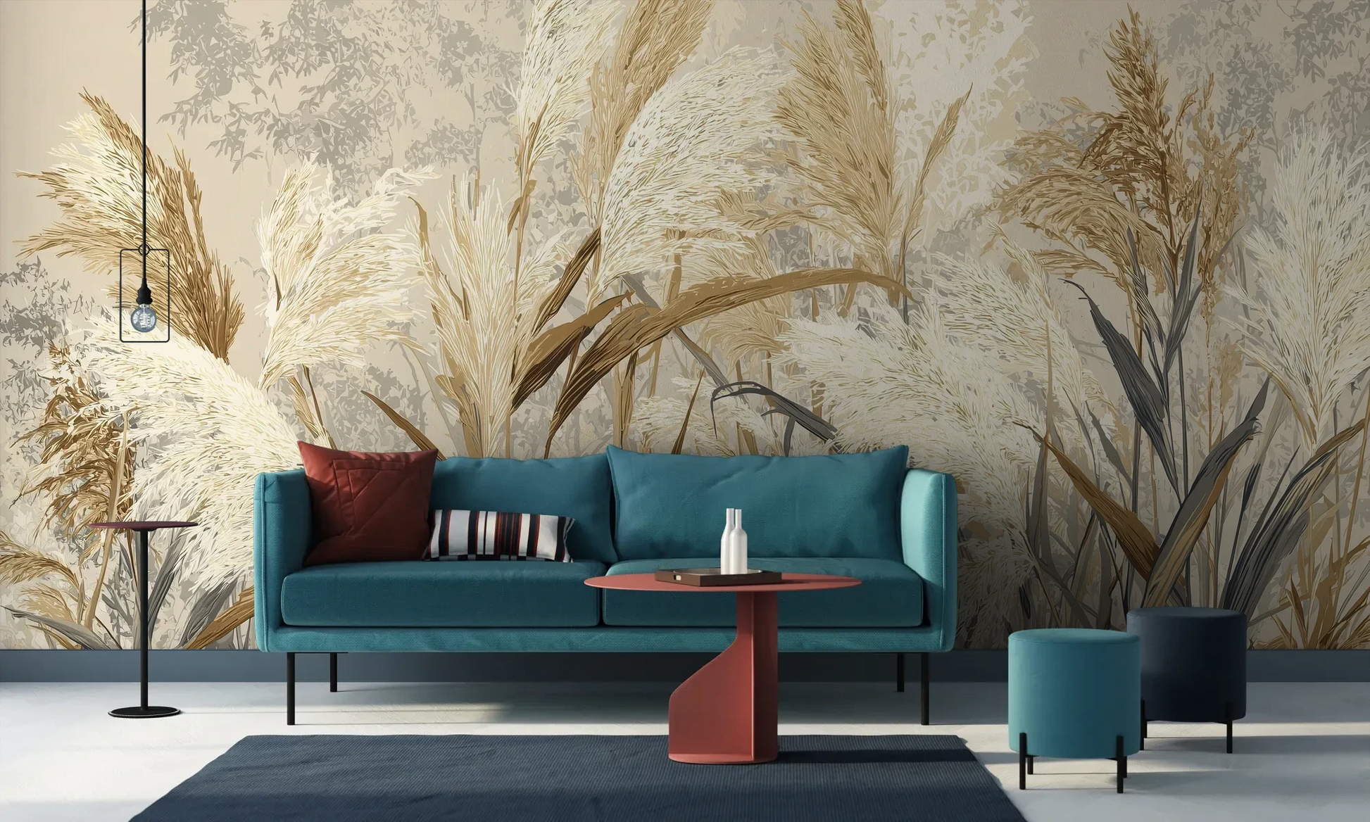 Wzór fototapety HARVEST BREEZE - tapeta z jesiennymi trawami pampasowymi pokazanej w aranżacji salonu.