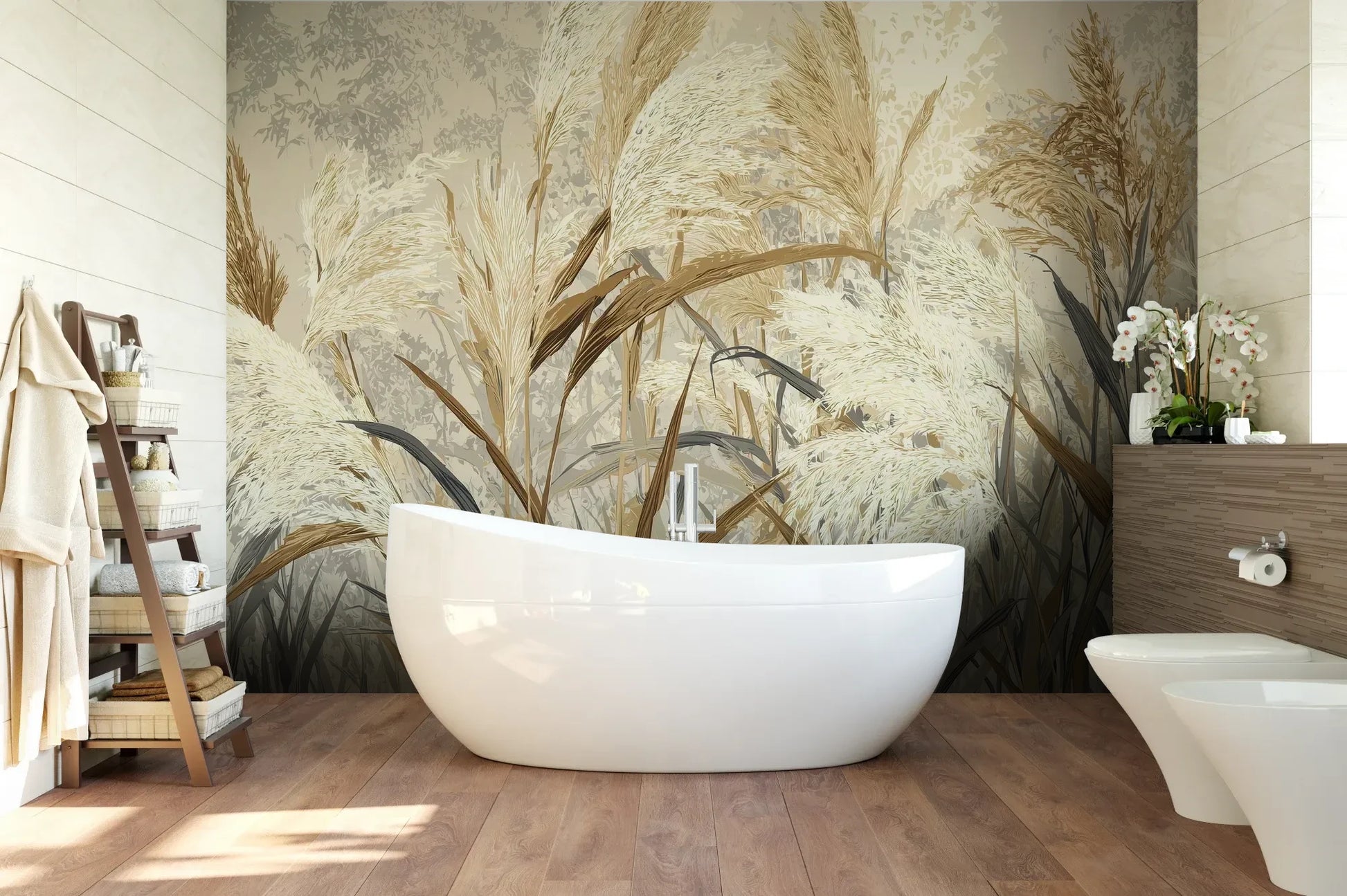 Wzór fototapety HARVEST BREEZE - tapeta z jesiennymi trawami pampasowymi pokazanej w aranżacji łazienki.