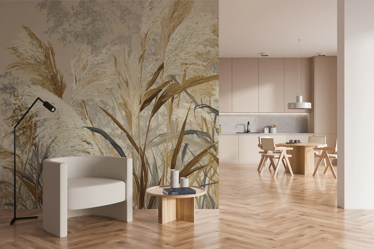 Wzór fototapety HARVEST BREEZE - tapeta z jesiennymi trawami pampasowymi pokazanej w aranżacji kuchni.