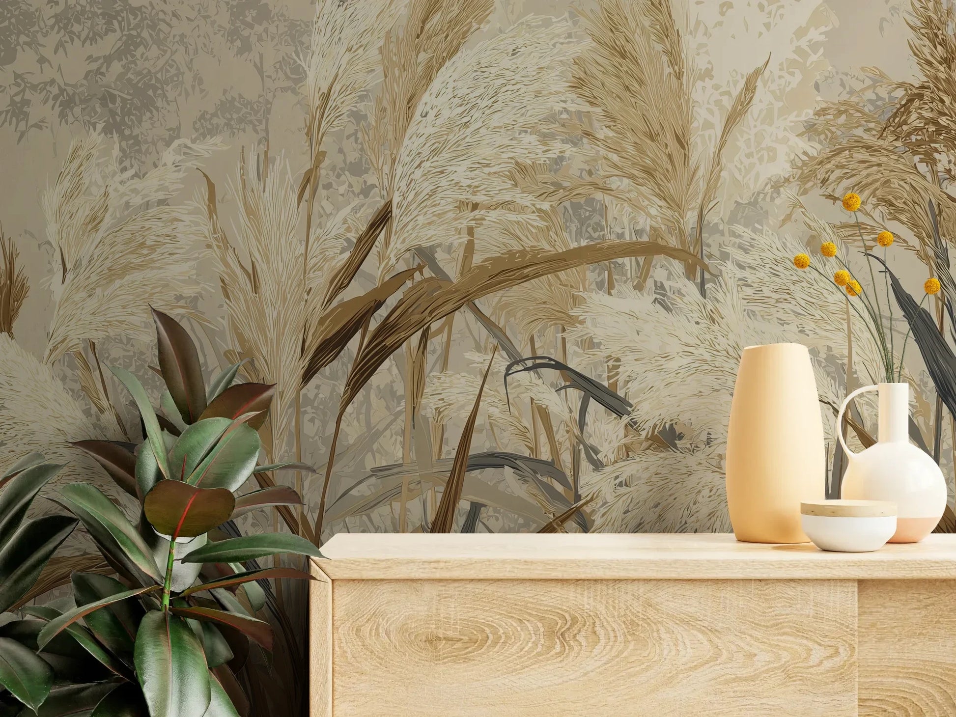 Fototapeta HARVEST BREEZE - tapeta z jesiennymi trawami pampasowymi pokazana w aranżacji wnętrza z akcentem na ścianie.