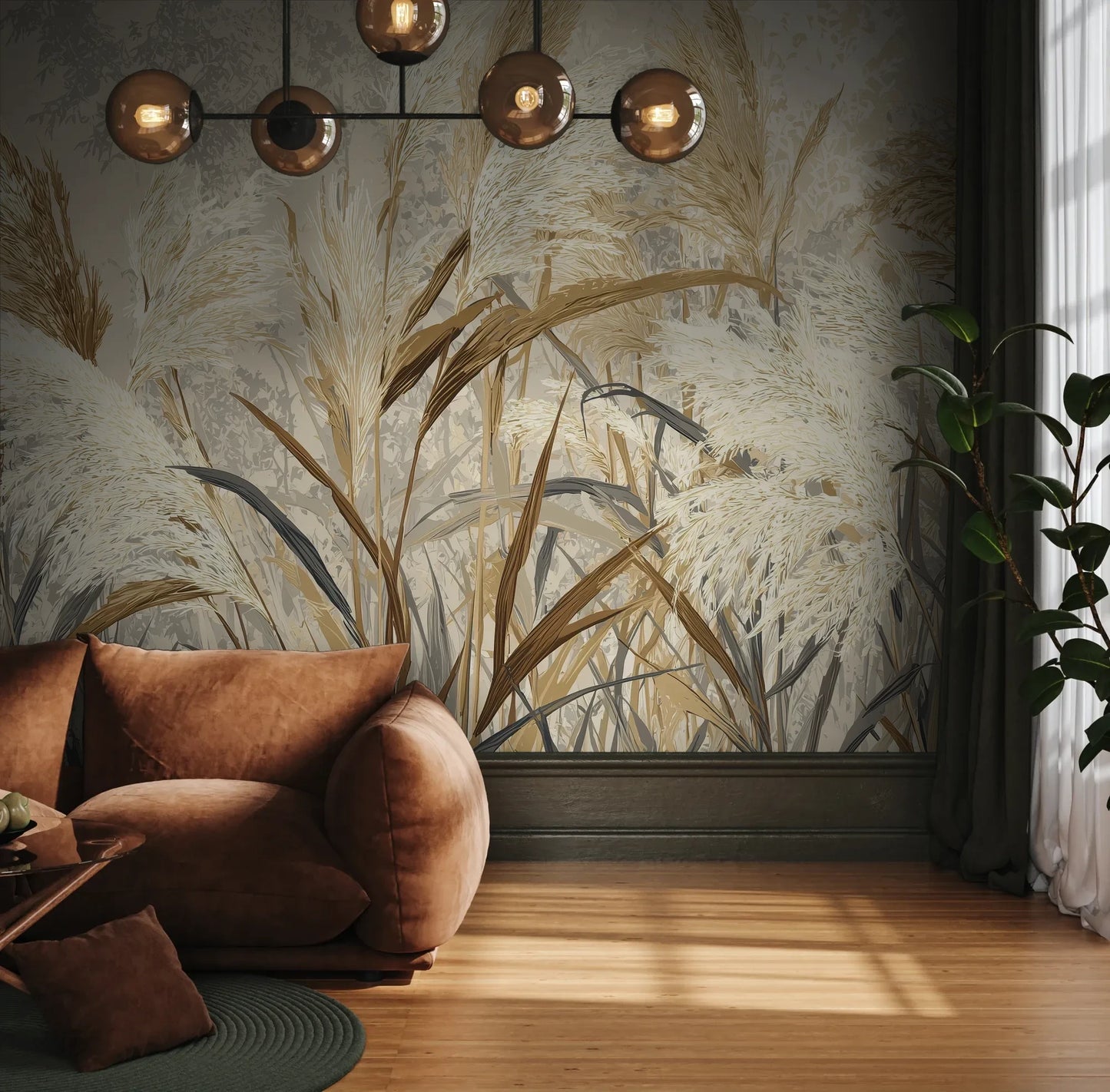 Fototapeta HARVEST BREEZE - tapeta z jesiennymi trawami pampasowymi pokazana w aranżacji wnętrza z akcentem na ścianie.