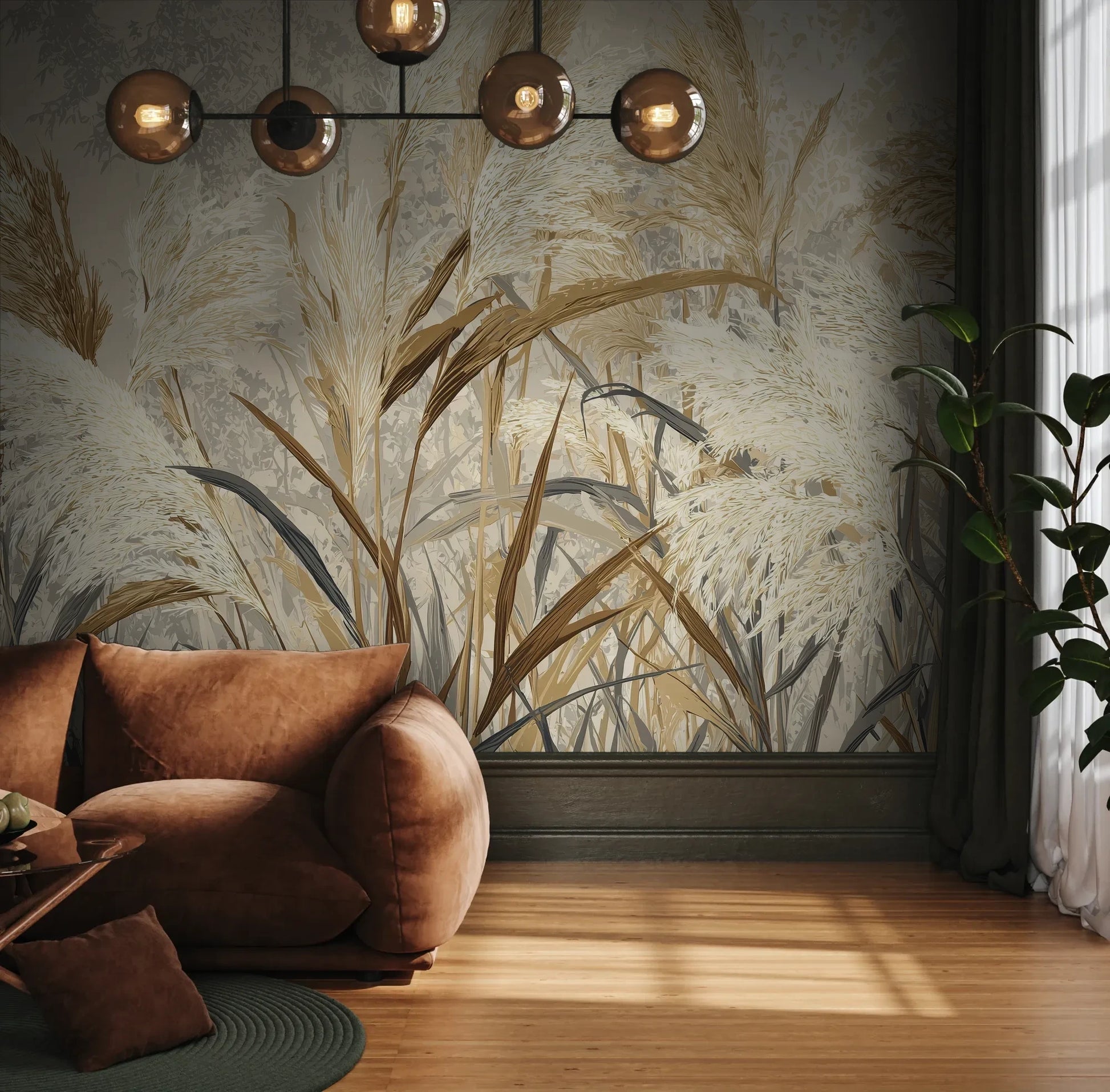 Fototapeta HARVEST BREEZE - tapeta z jesiennymi trawami pampasowymi pokazana w aranżacji wnętrza z akcentem na ścianie.