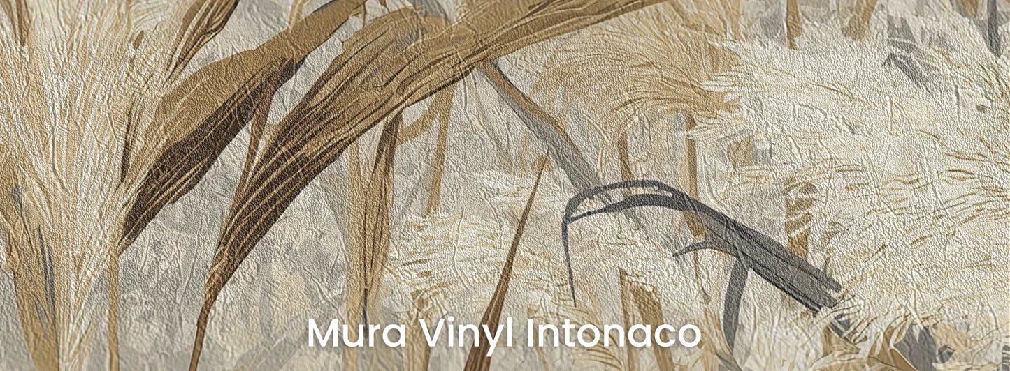 Zbliżenie na fototapetę HARVEST BREEZE - tapeta z jesiennymi trawami pampasowymi na podłożu o strukturze tartego tynku.