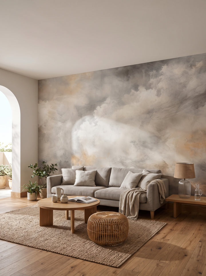 Fototapeta artystyczna o nazwie TEMPESTUOUS TRANQUILITY w aranżacji wnętrza: salon w stylu boho z łukowym wejściem na taras.