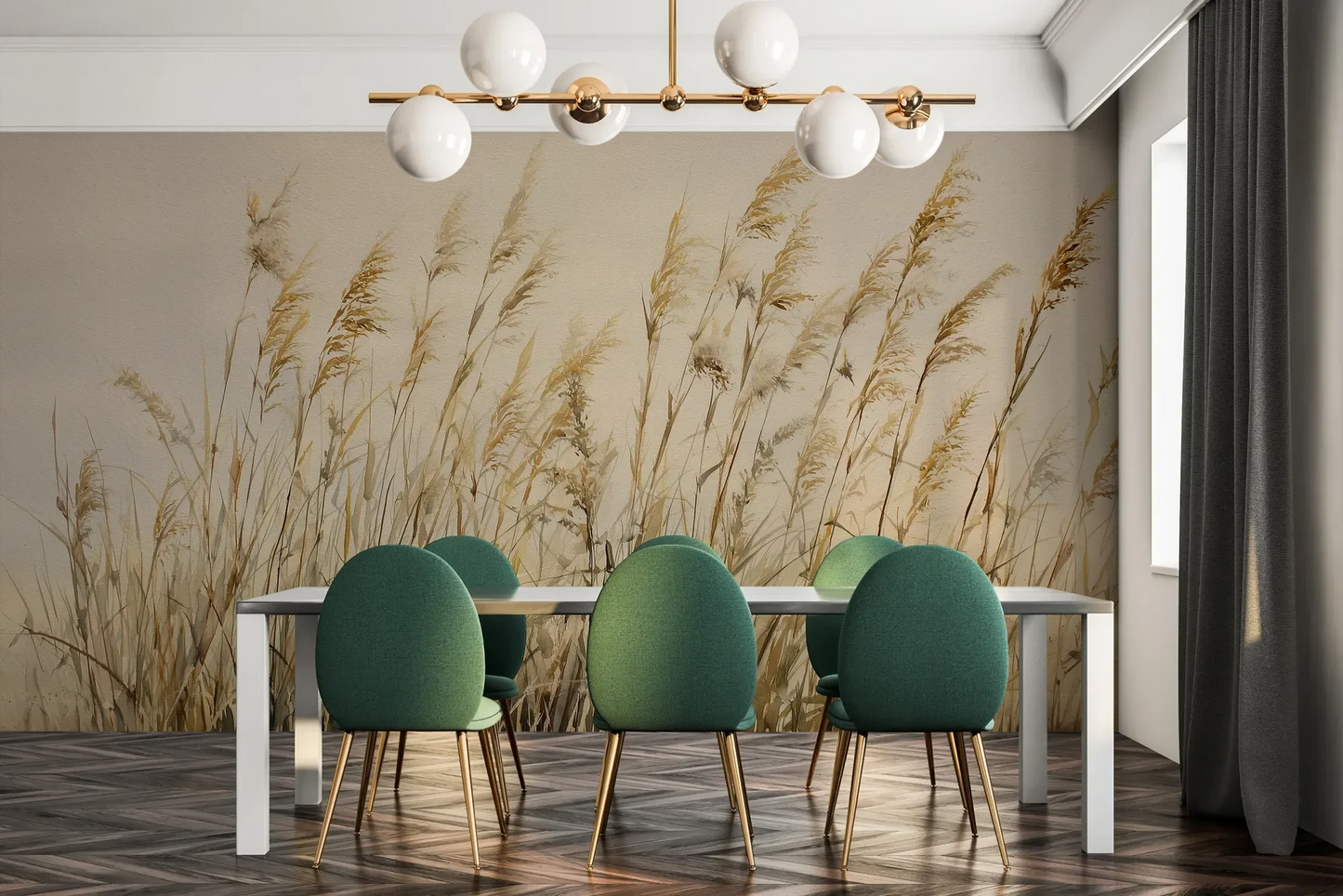 Fototapeta DUNE BALLET - tapeta z beżowymi trawami w naturalnej kompozycji pokazana w aranżacji jadalni.