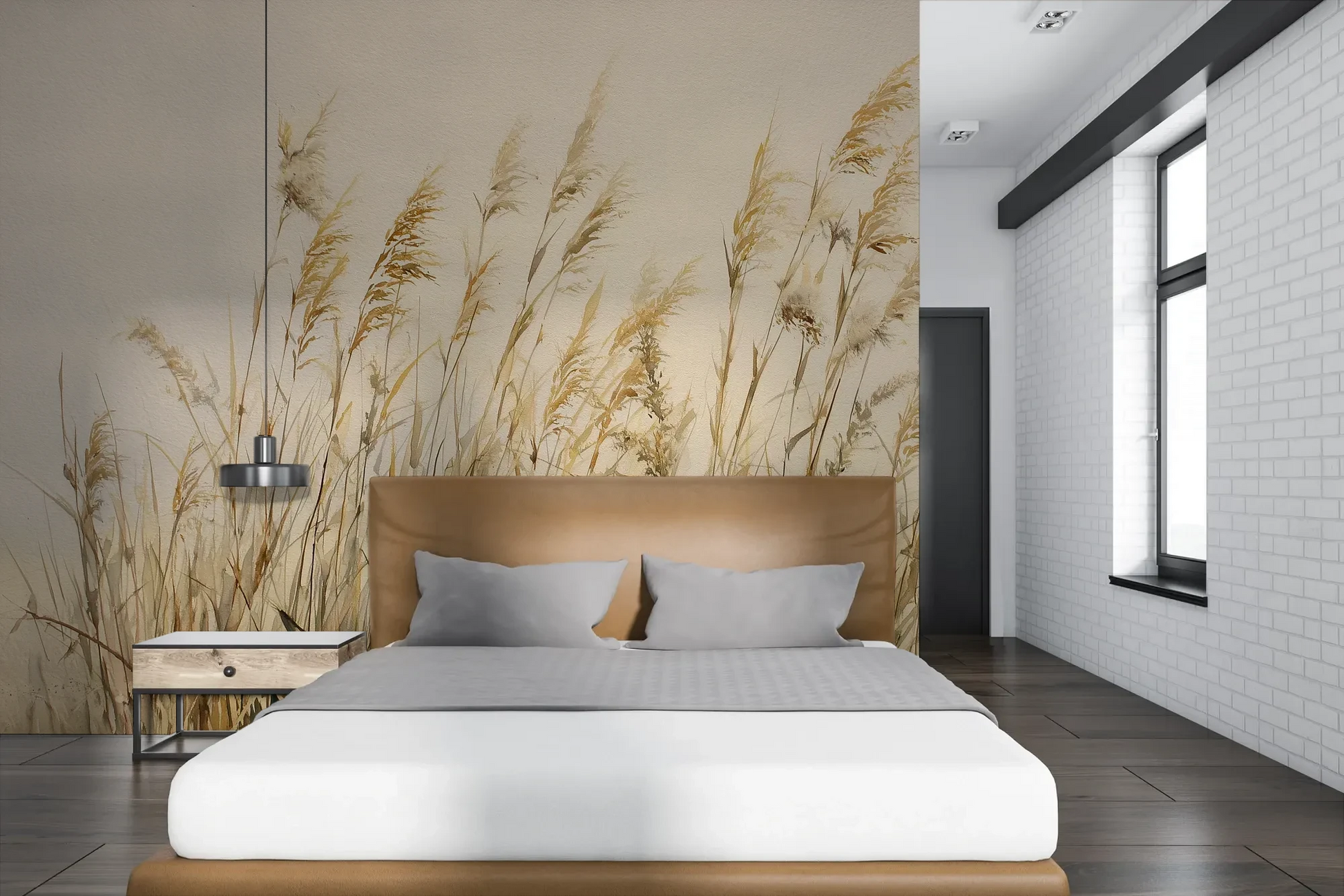 Wzór fototapety DUNE BALLET - tapeta z beżowymi trawami w naturalnej kompozycji pokazanej w aranżacji sypialni.