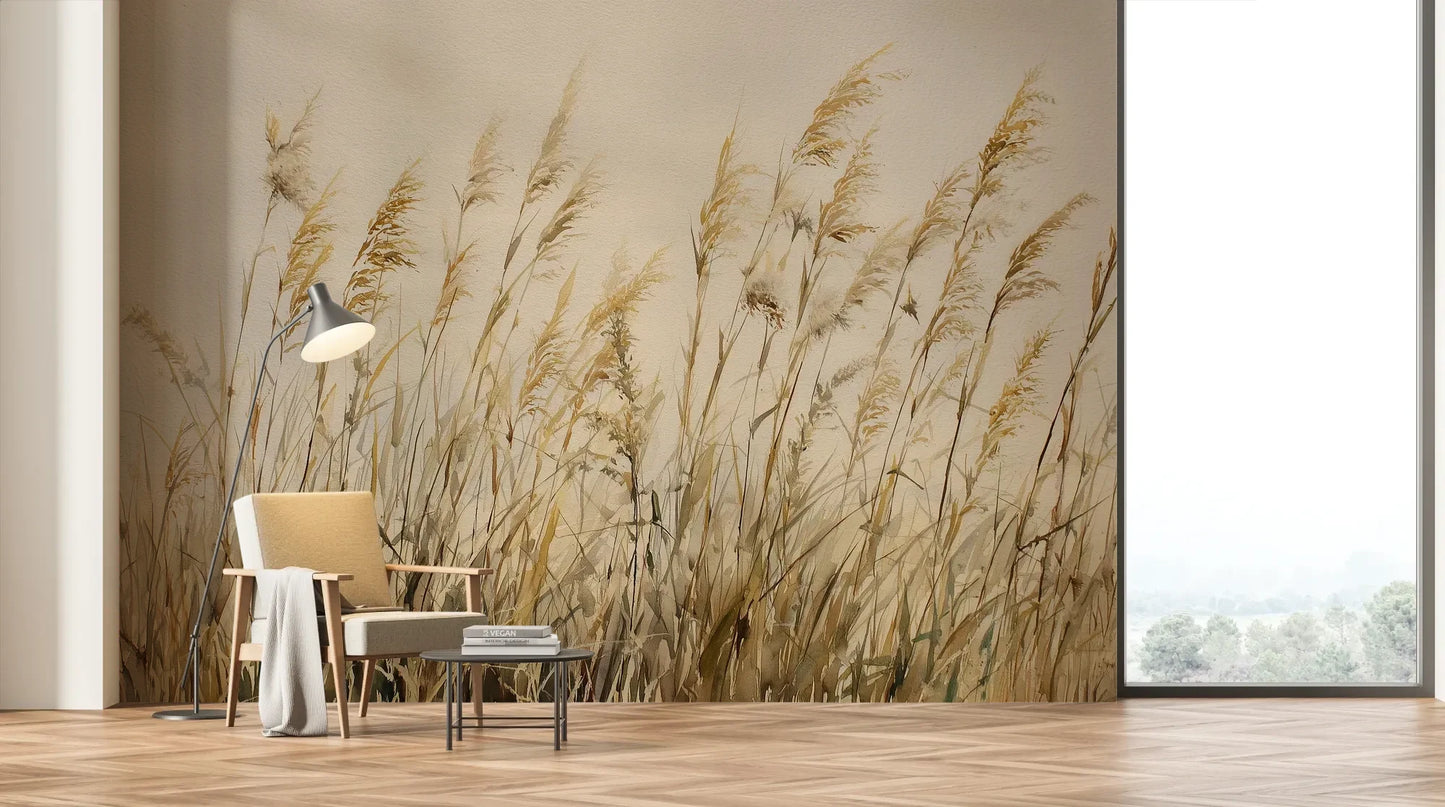Wzór fototapety DUNE BALLET - tapeta z beżowymi trawami w naturalnej kompozycji pokazanej w aranżacji salonu.