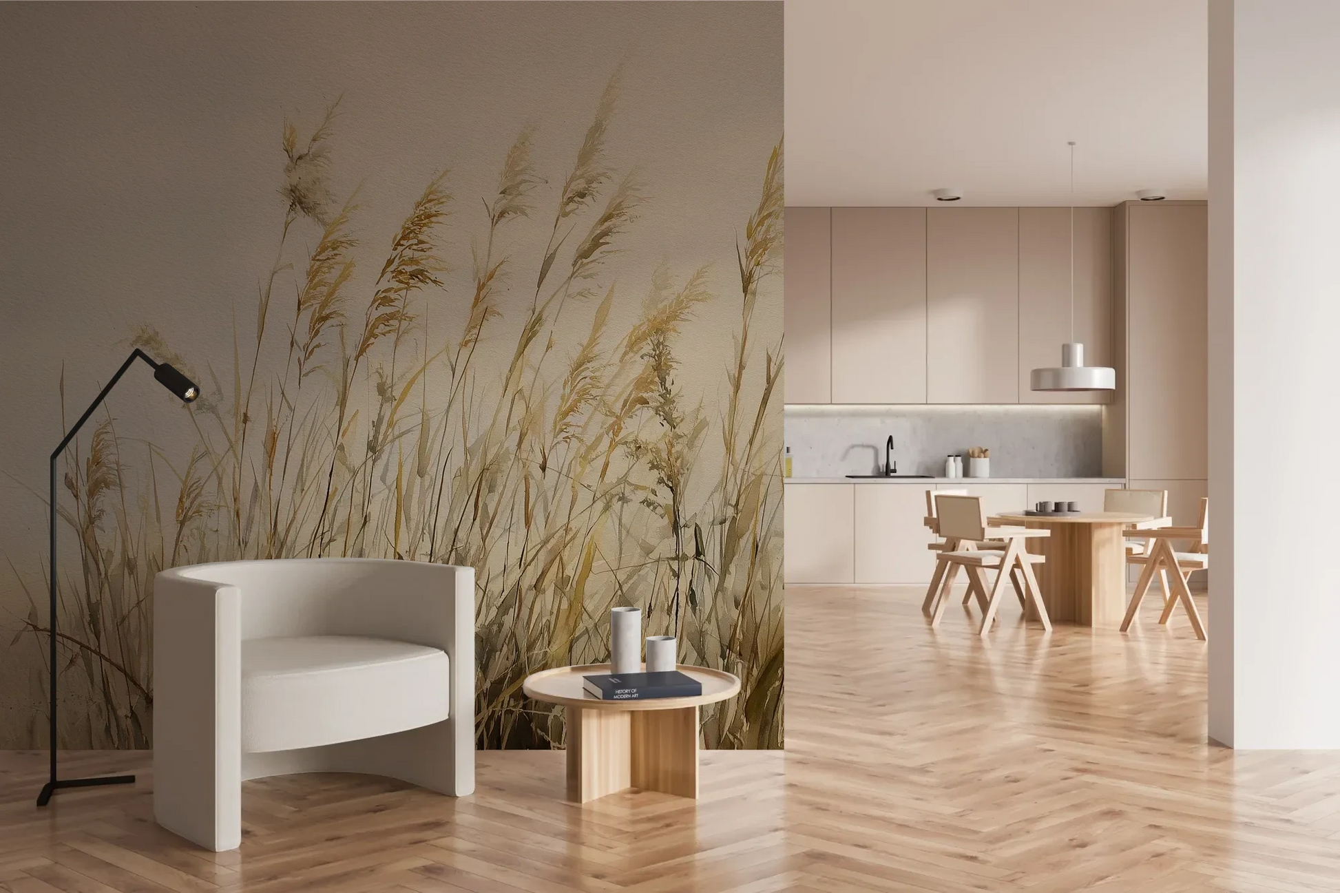 Wzór fototapety DUNE BALLET - tapeta z beżowymi trawami w naturalnej kompozycji pokazanej w aranżacji kuchni.