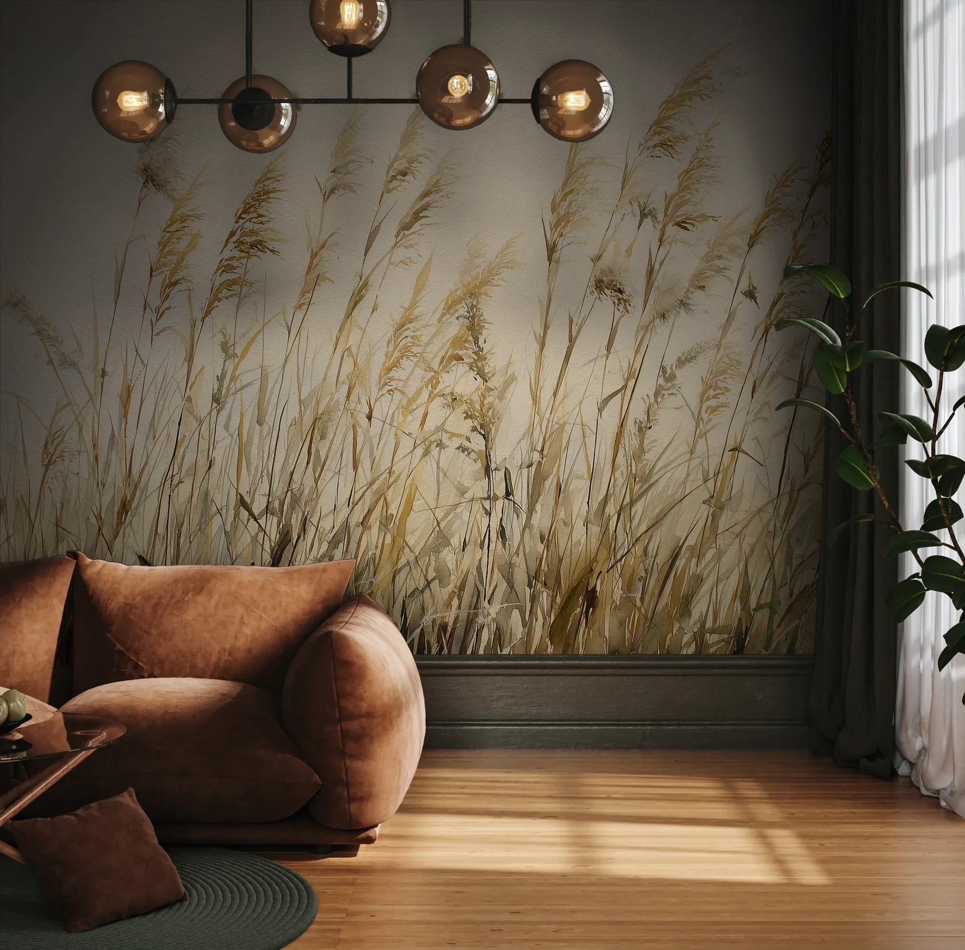 Fototapeta DUNE BALLET - tapeta z beżowymi trawami w naturalnej kompozycji pokazana w aranżacji wnętrza z akcentem na ścianie.
