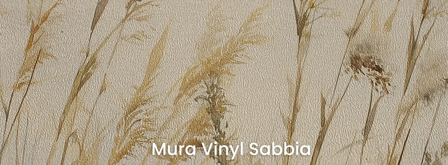 Zbliżenie na fototapetę DUNE BALLET - tapeta z beżowymi trawami w naturalnej kompozycji na podłożu o strukturze ziarna piasku.