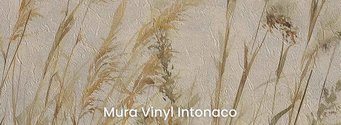 Zbliżenie na fototapetę DUNE BALLET - tapeta z beżowymi trawami w naturalnej kompozycji na podłożu o strukturze tartego tynku.