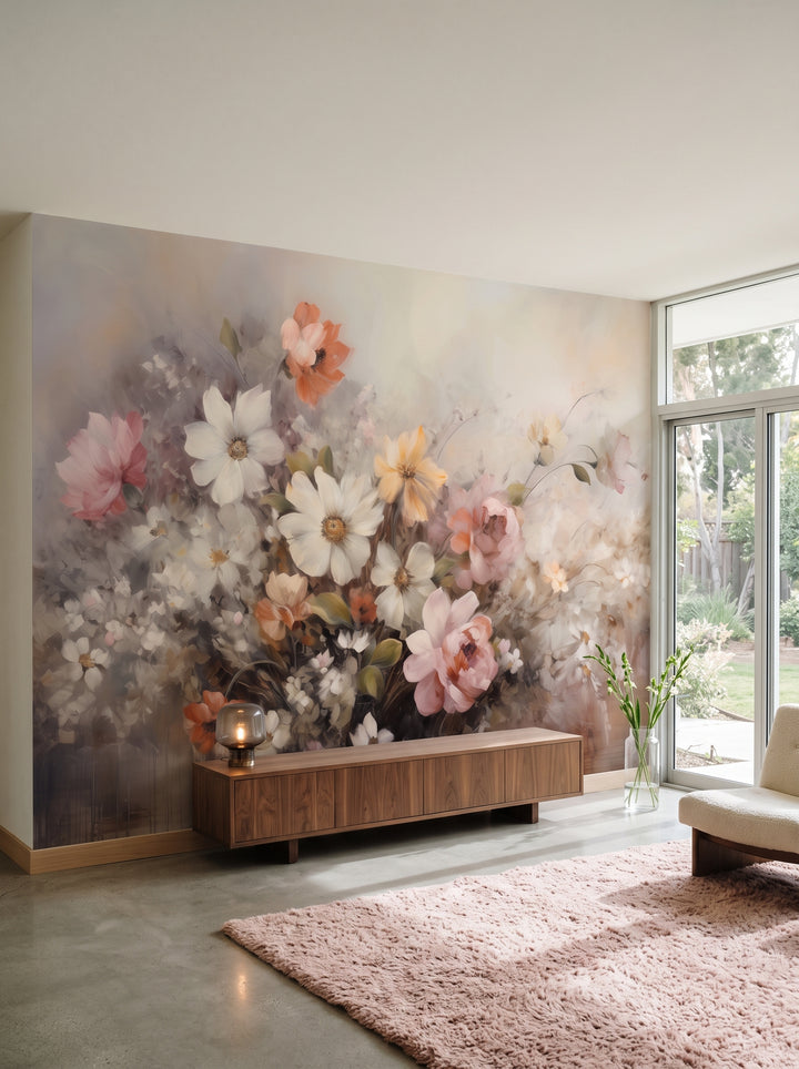 Fototapeta artystyczna o nazwie Ethereal Blossoms w aranżacji wnętrza: salon w kalifornijskim domu z lat 50..
