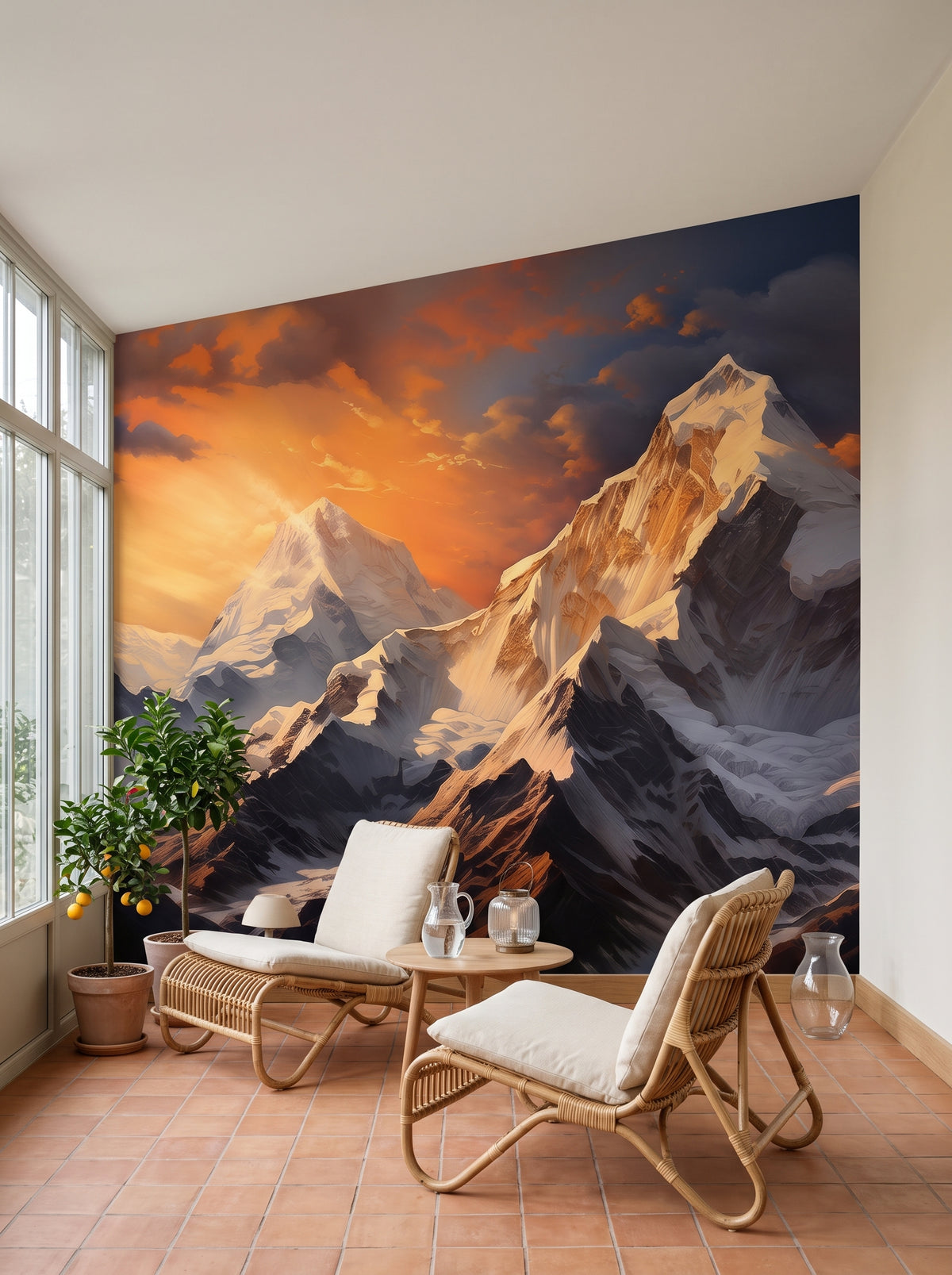 Fototapeta artystyczna o nazwie Dawn Alpenglow w aranżacji wnętrza: pokój do czytania w oranżerii.